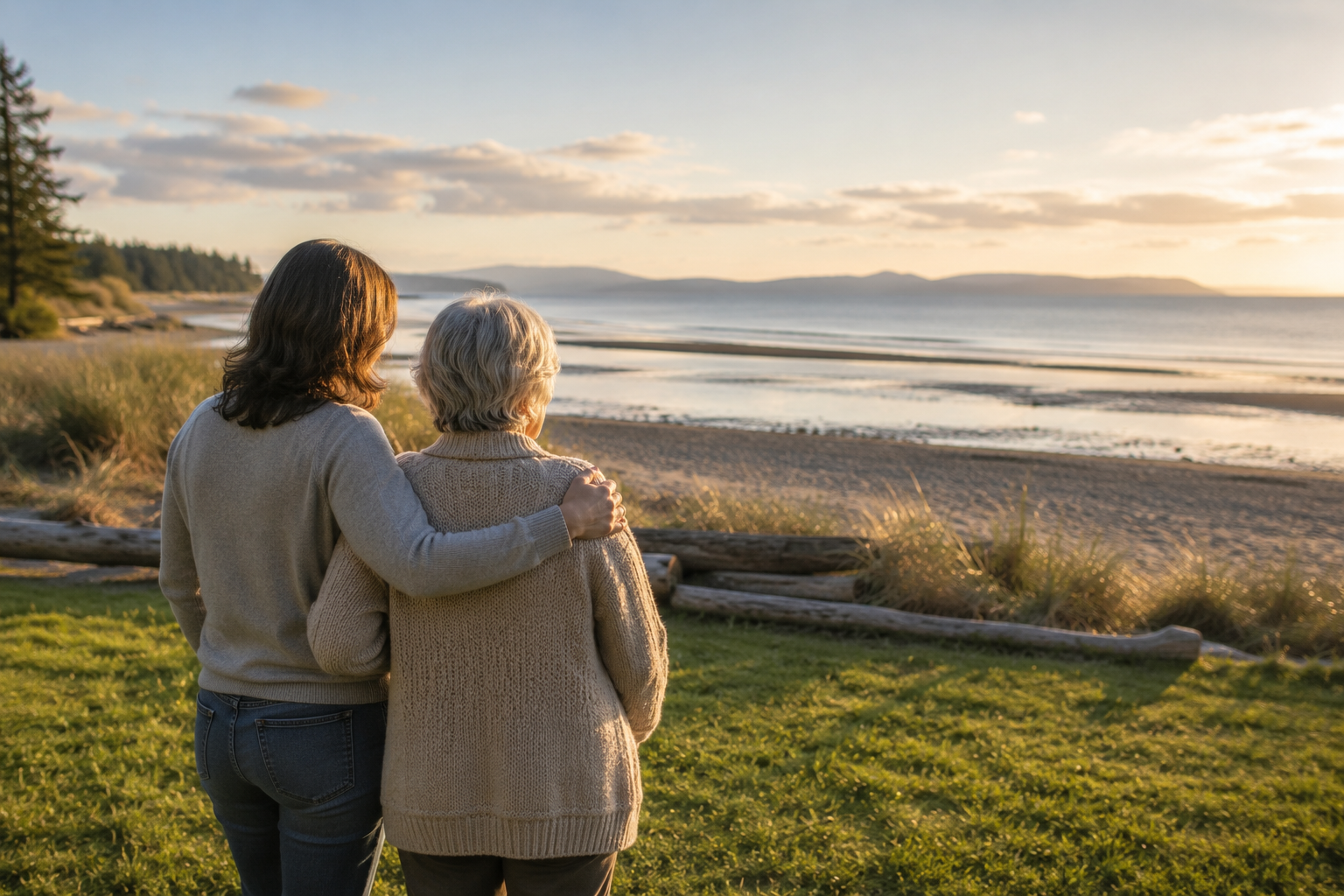 Two women, one with brown hair and one with gray hair, stand together by the beach during sunset, looking at the ocean.