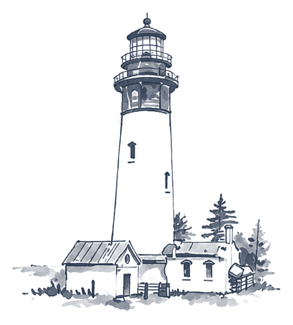 Silhouette of a lighthouse with surrounding buildings and trees at night.