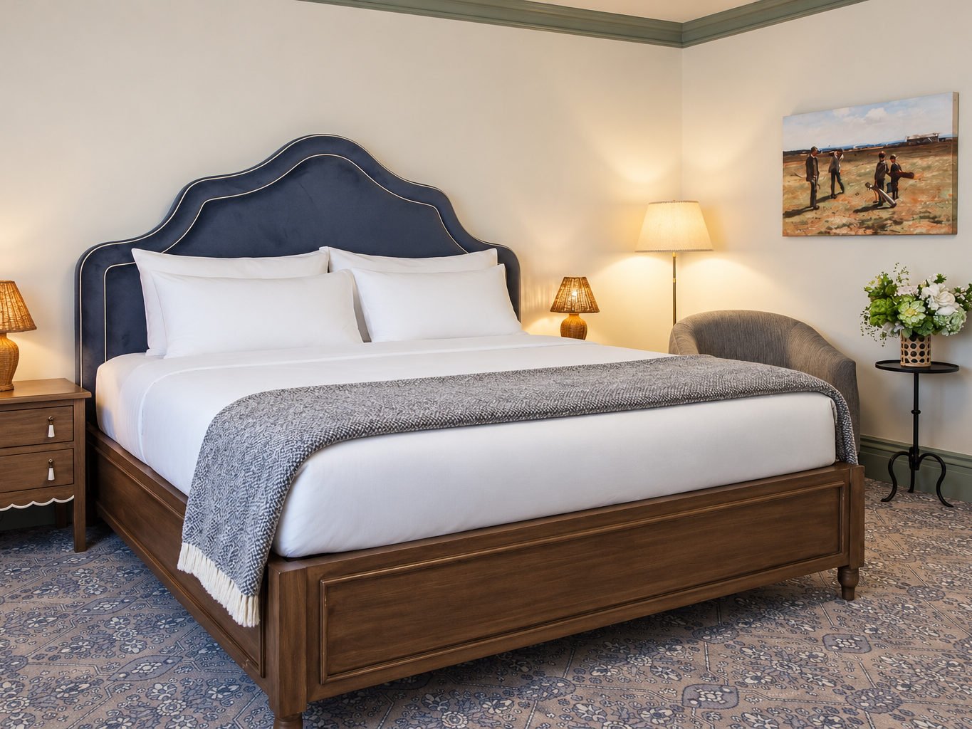 Hotel room with a large bed, nightstands with lamps, a chair, a window with view of water, and flowers on a desk.