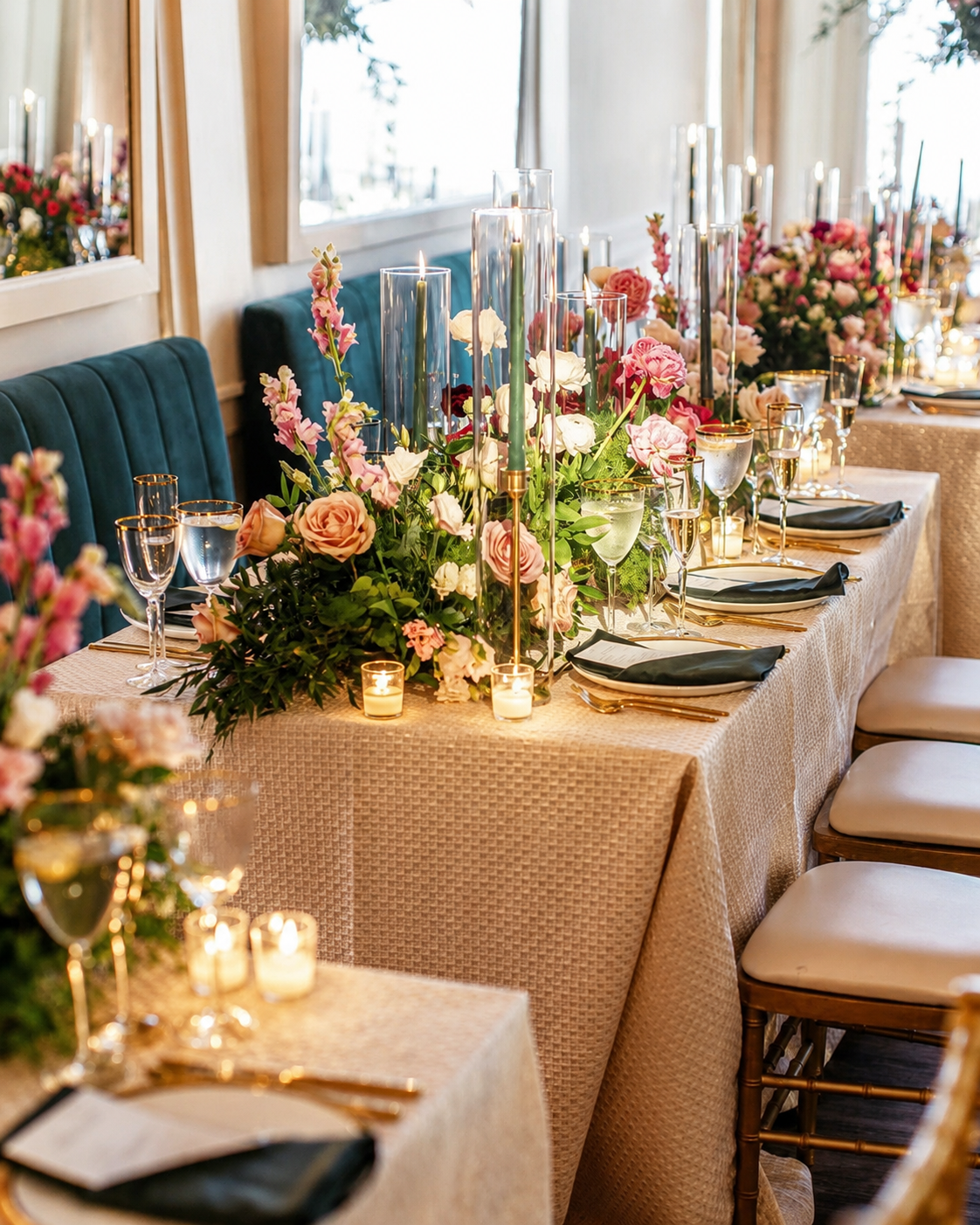 Elegant dining table decorated with a large floral centerpiece, pink and white roses, tall glass candle holders with candles, and wine glasses, set with black napkins and gold utensils, in a bright room with natural light.