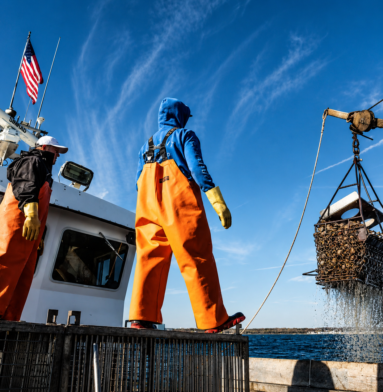 Two fishermen wearing orange waterproof pants and yellow gloves are on a boat holding a metal trap with bait, hoisted in the air over the water, under a blue sky with wispy clouds.