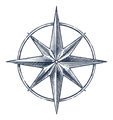 A navy blue compass rose with eight main points, outlined in a circle, on a black background.