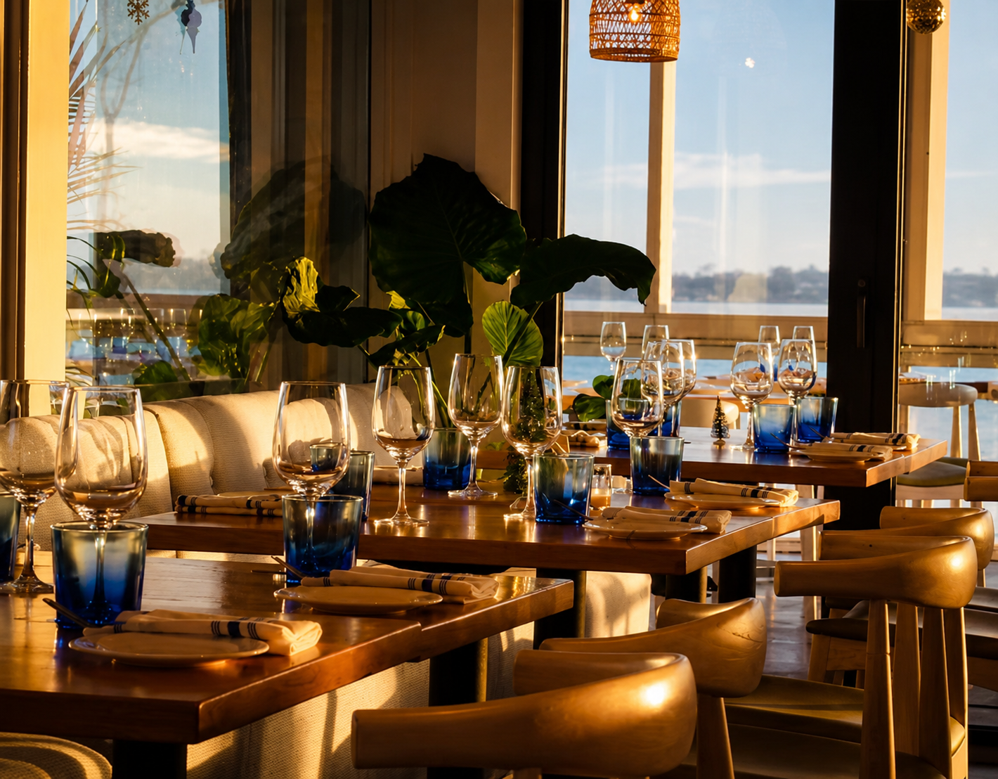 Indoor dining area with wooden tables set with wine glasses, blue water glasses, and napkins, illuminated by warm sunlight through large windows showing a water view outside, with green plants and hanging pendant lights inside.