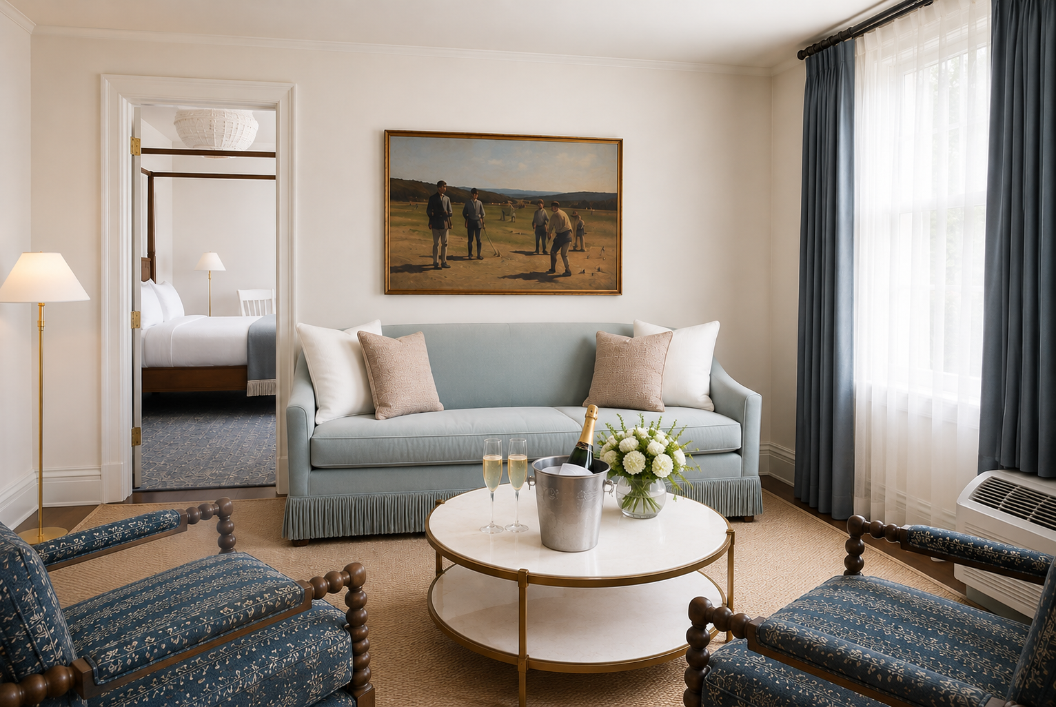 Elegant hotel suite with a living room and bedroom. The living room features a light blue sofa, two patterned armchairs, a round coffee table with champagne, a flower arrangement, and a painting on the wall. The bedroom has a white bed with bedside lamps. Large windows with blue curtains let in natural light.