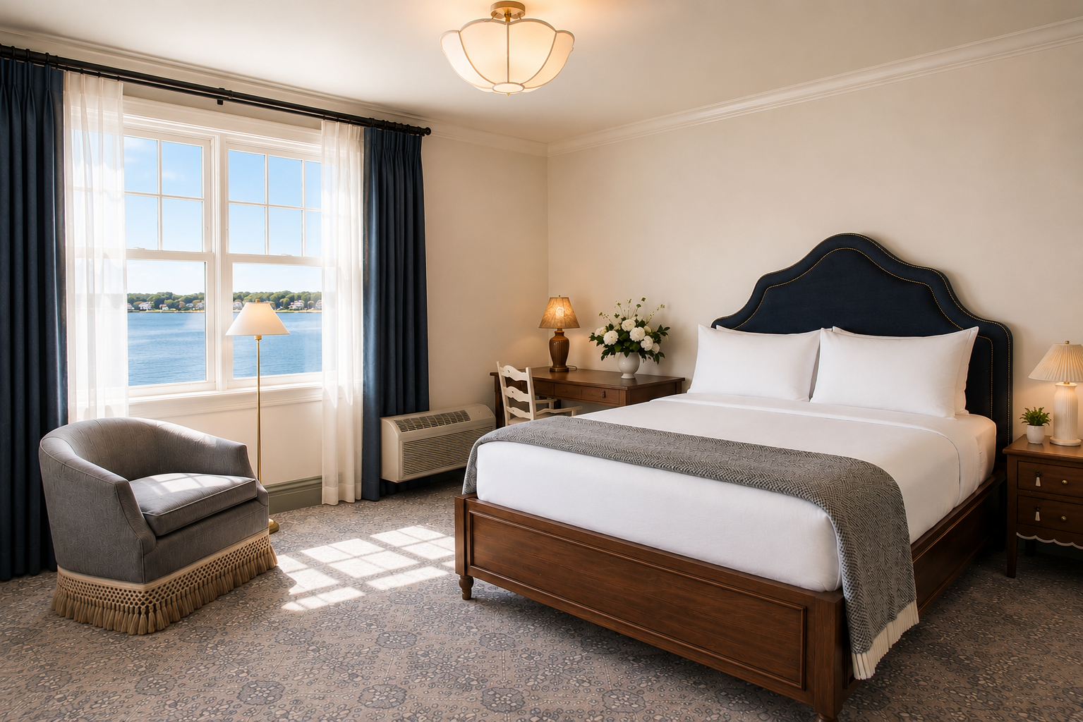 Hotel room with a large bed, nightstands with lamps, a chair, a window with view of water, and flowers on a desk.