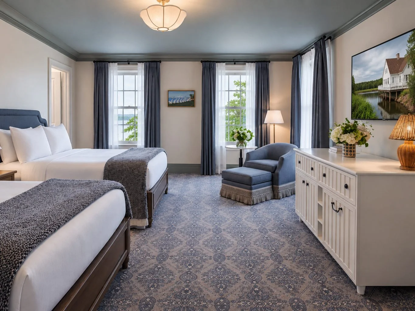 A second-floor guest room, bed alongside a sitting area and a writing desk