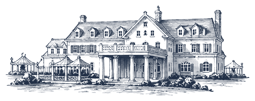 A large, old-fashioned house with multiple stories, towers, and intricate architectural details. It is depicted in a dark blue line drawing style.