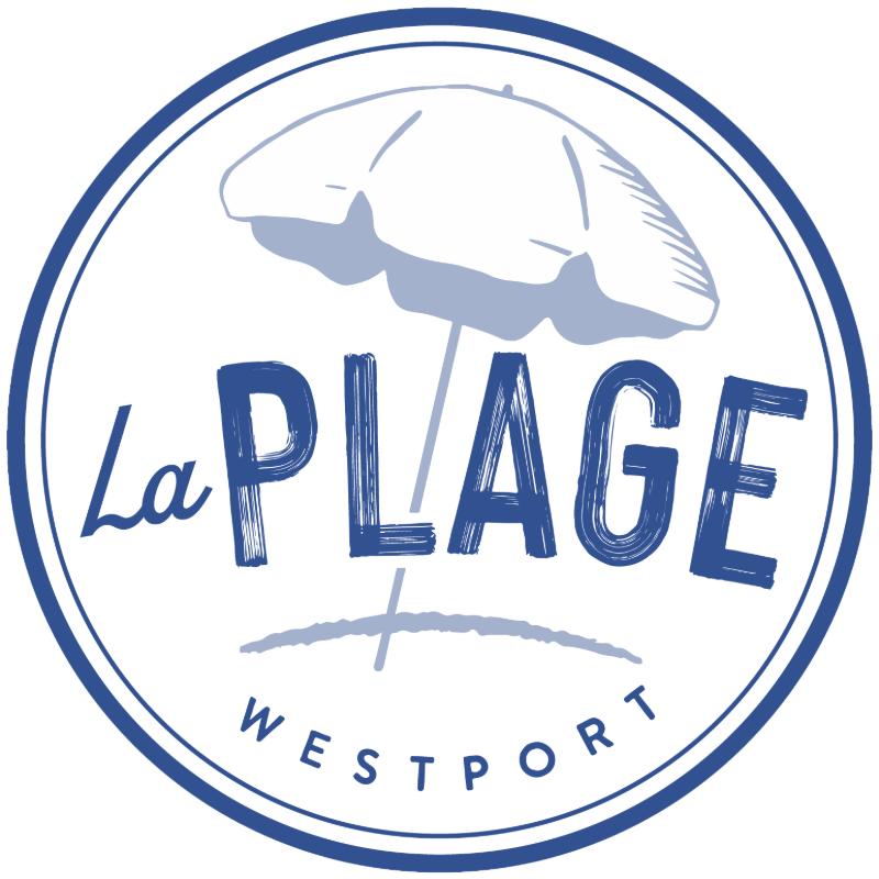 A circular logo with blue and white colors, featuring a beach umbrella and the text 'La Plage' and 'Westport'.