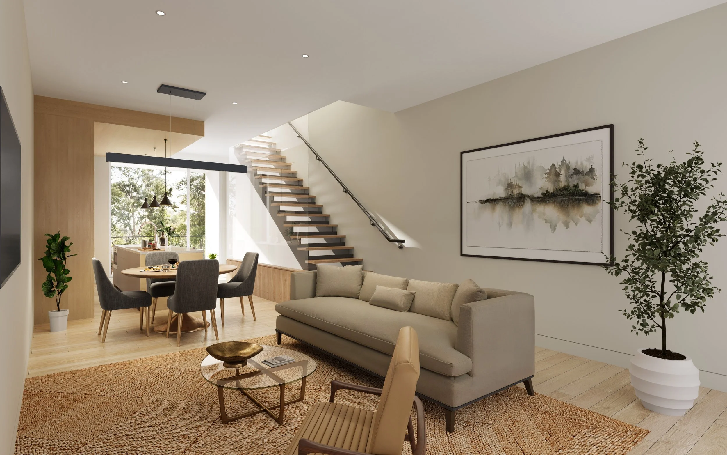 Rendering of a La Vie Lumière living room with afternoon light tracing across white oak flooring