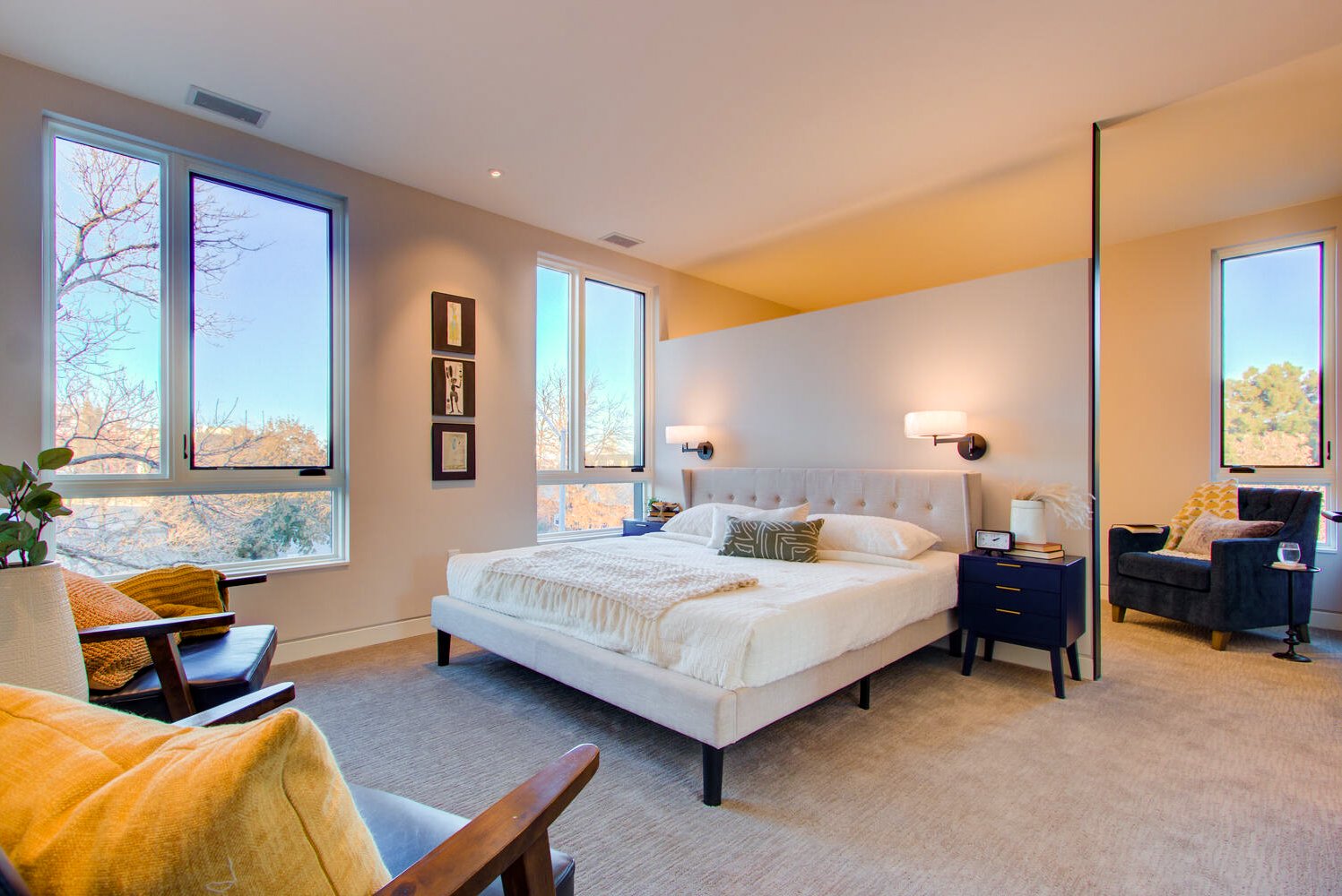 Rendering of a La Vie Lumière primary bedroom with soft natural light