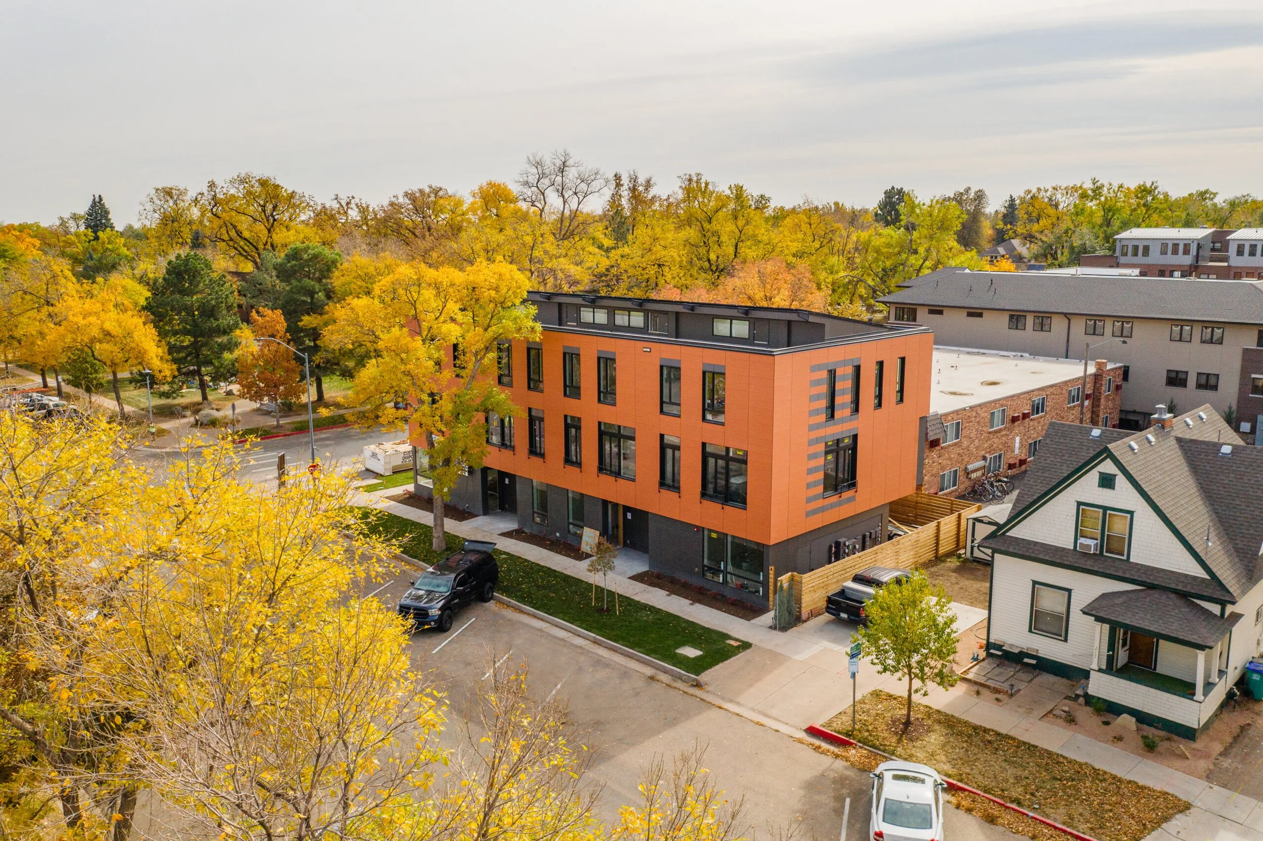 Exterior of L'Avenir, the award-winning LEED Platinum townhomes across Oak Street
