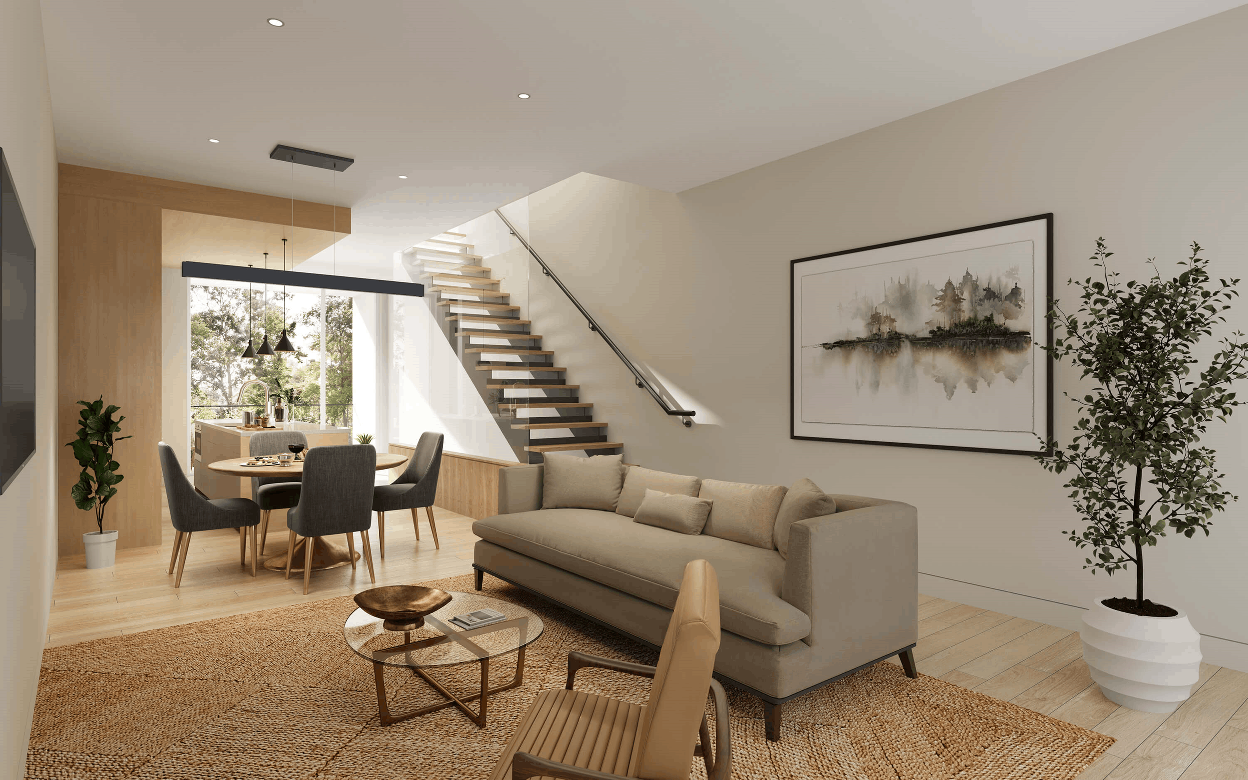 Rendering of a La Vie Lumière living room with an open staircase