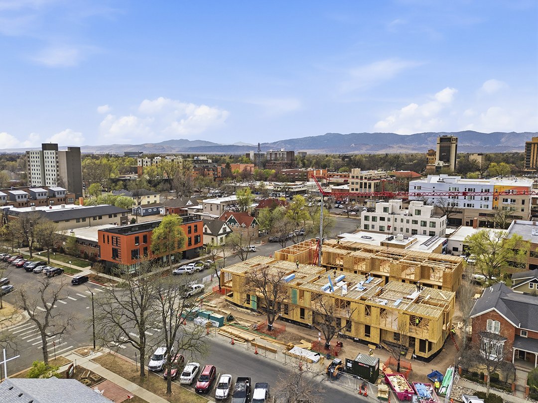 Aerial view of La Vie Lumière construction relative to Old Town Square