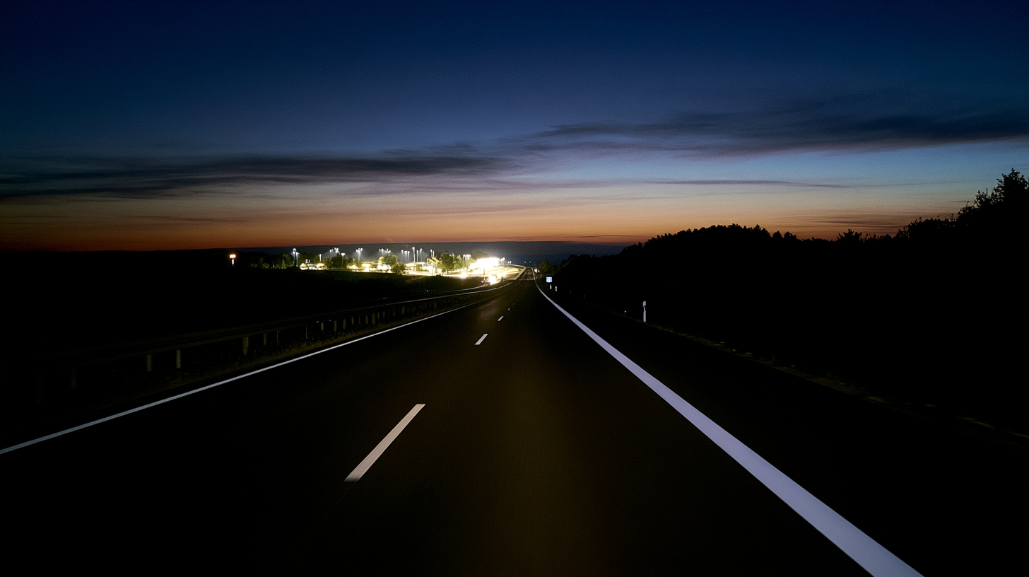 Motorway rest area visible ahead on a European road at dusk, illustrating the importance of stopping to rest before fatigue becomes a safety risk.