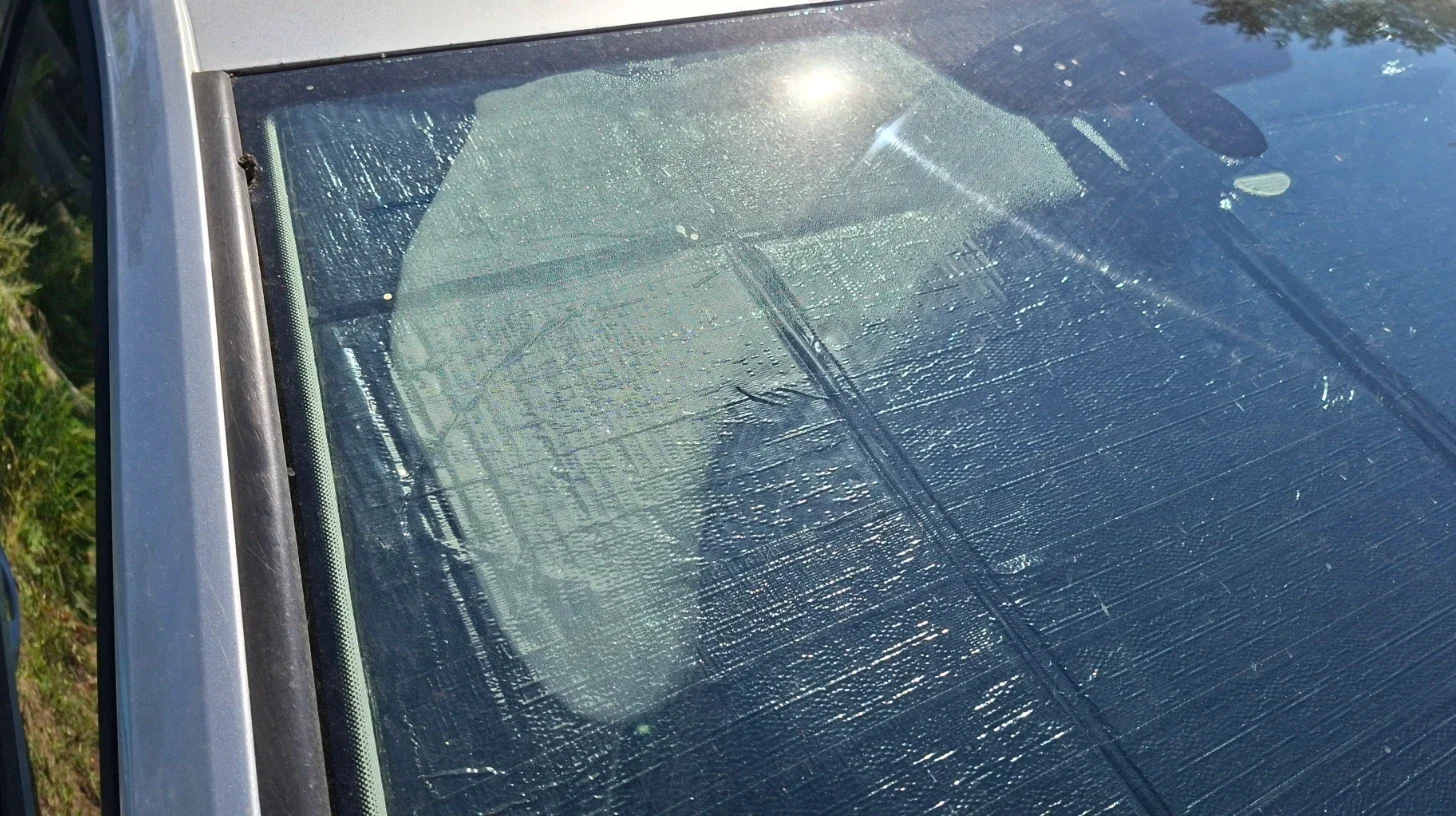 Condensation on the windscreen after an overnight test sleeping in a VW Golf Estate.