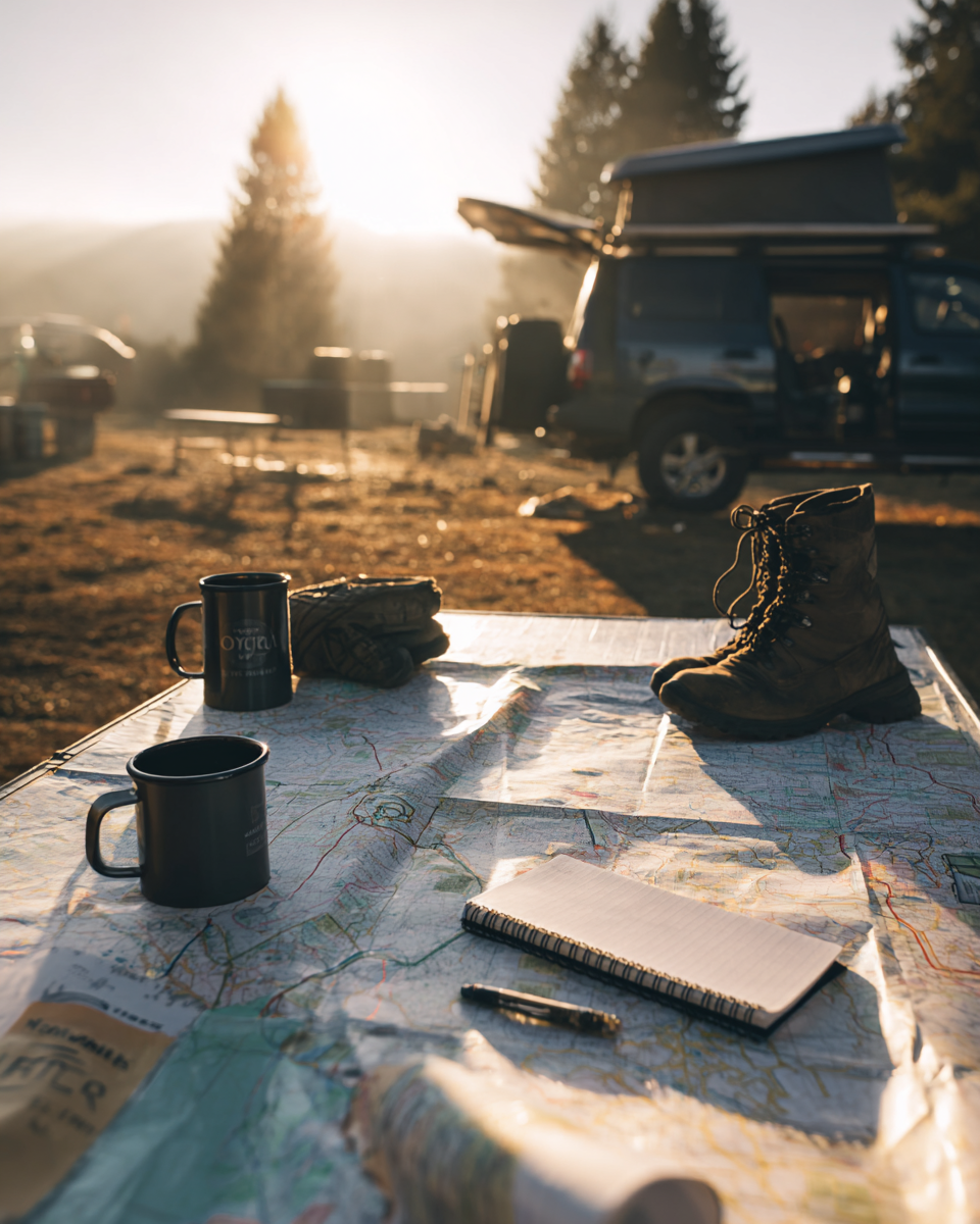 Travel planning setup beside a vehicle campsite with map, notebook and coffee mug at sunrise.
