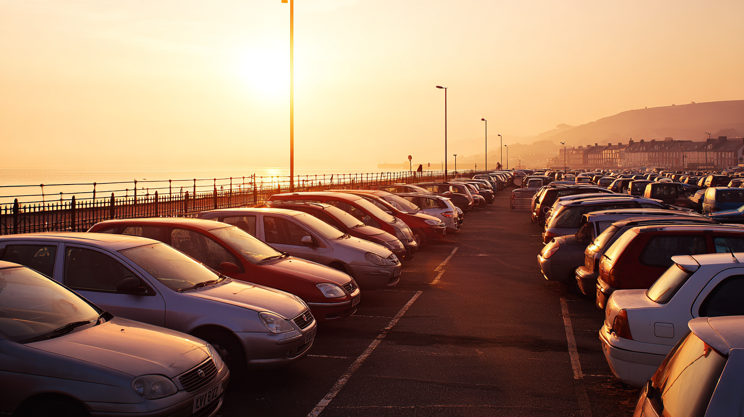 Ordinary cars parked in a busy coastal car park at sunset, showing how a vehicle can blend in discreetly among other vehicles overnight.
