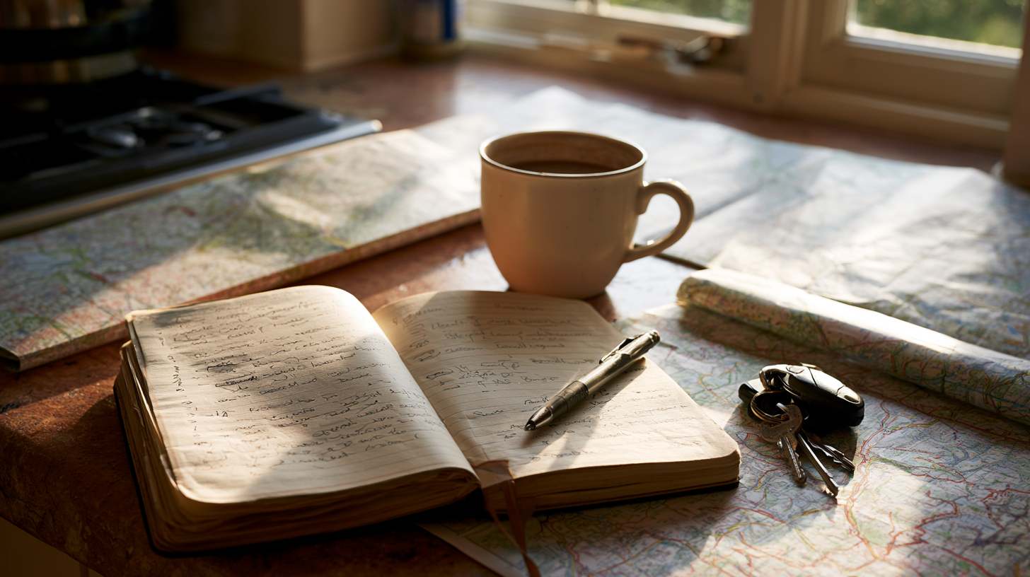 Notebook, maps, coffee and car keys on a kitchen table while planning a vehicle-enabled road trip.