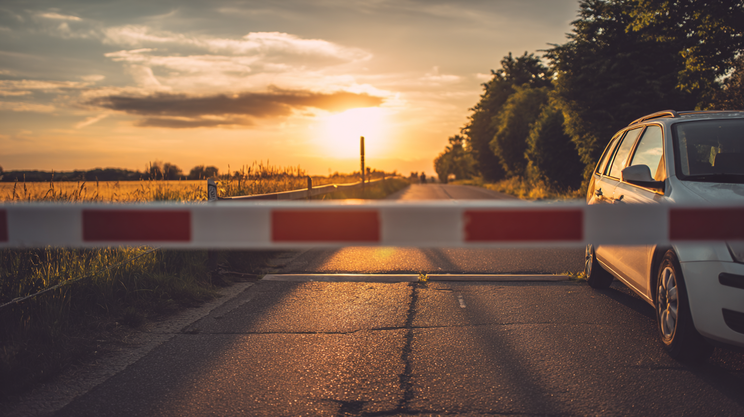 Estate car facing a locked barrier at sunset, illustrating overnight parking restrictions in Europe.