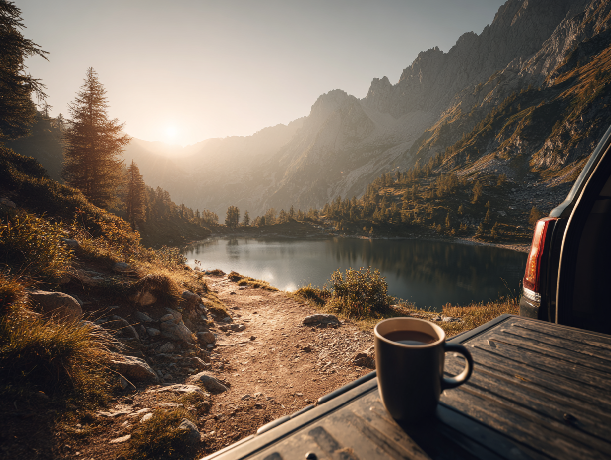 Vehicle camping setup beside a mountain lake at sunrise with coffee and scenic views for comfortable budget travel.