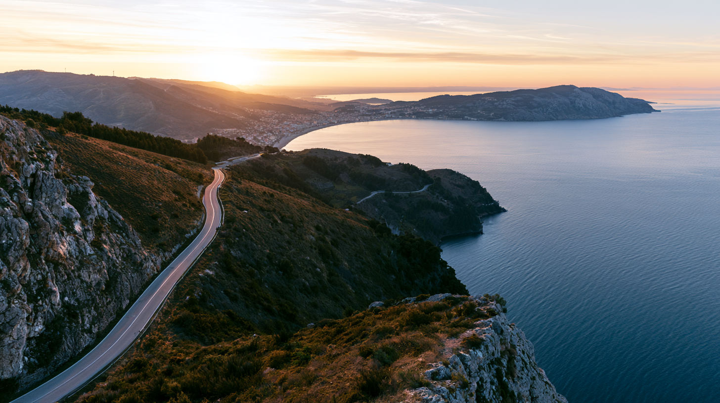 Coastal road winding along a European coastline at sunrise, illustrating the freedom and opportunities created by vehicle-enabled travel.