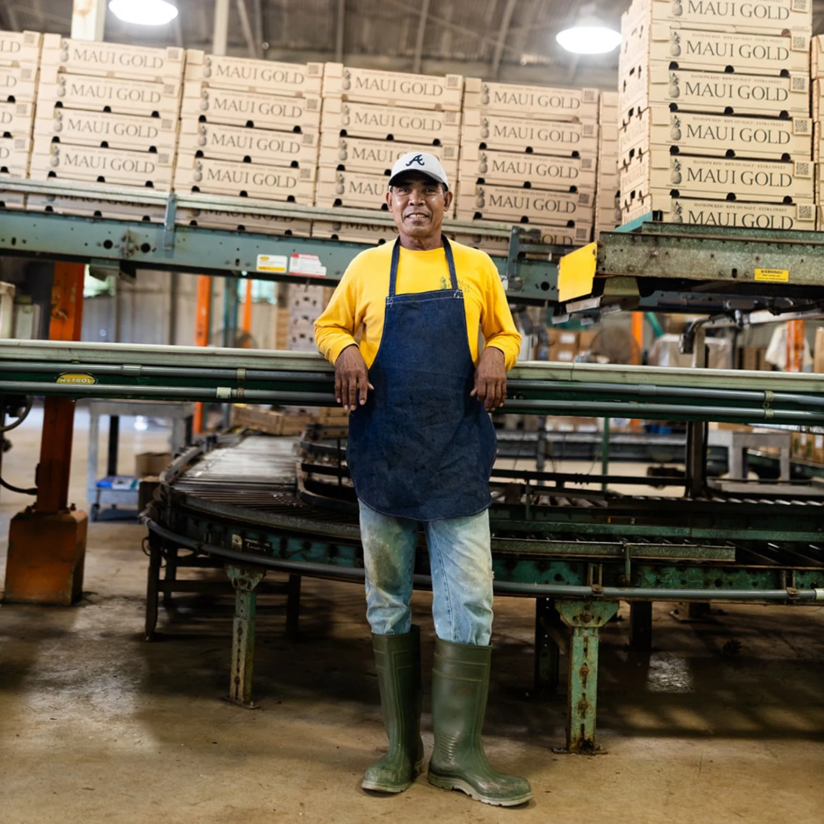 A man wearing a yellow shirt, blue apron, and green rubber boots standing inside a warehouse or storage area with stacks of boxes labeled 'Maui Gold' in the background.