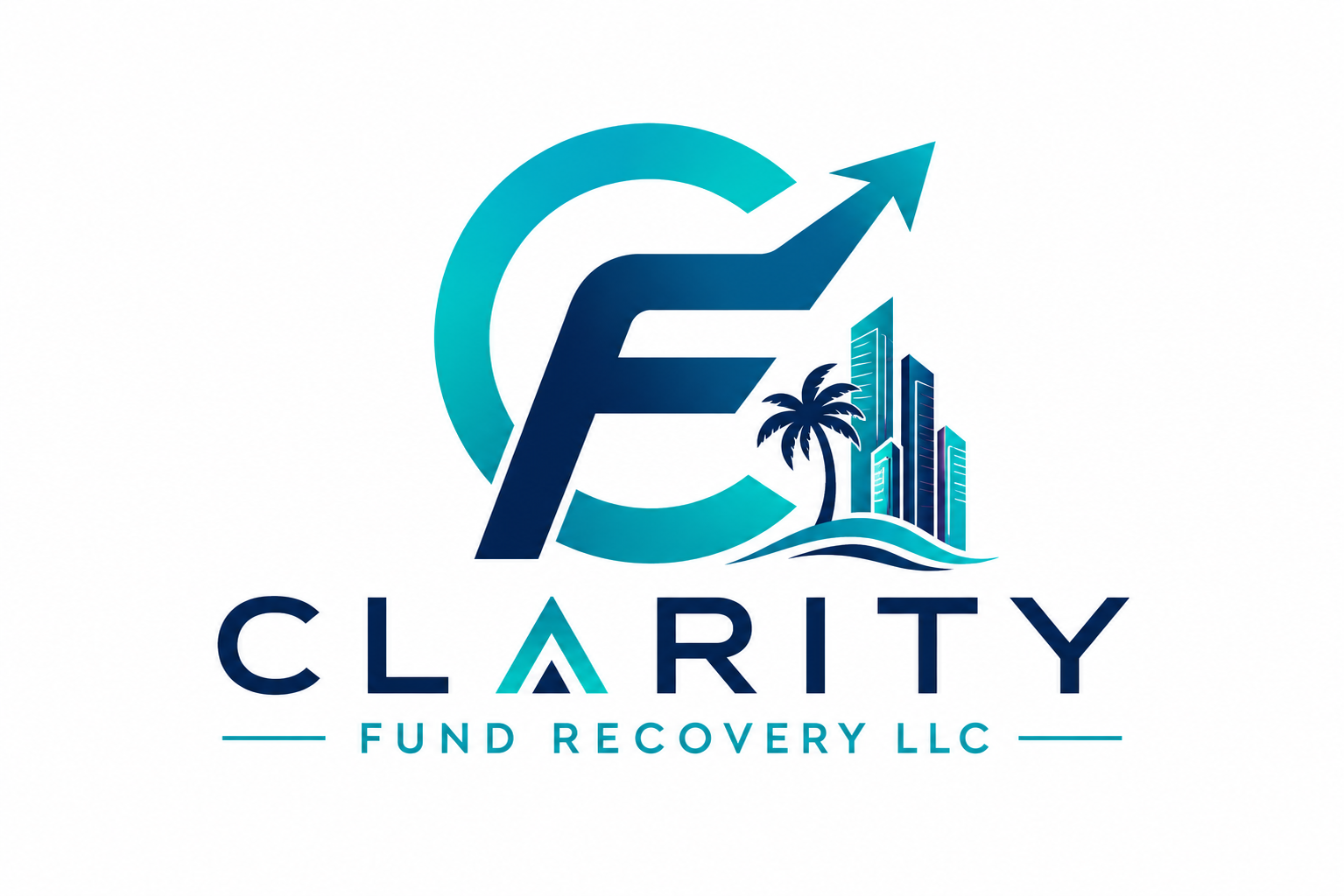 Logo for Clarity Fund Recovery LLC featuring a stylized letter F with an upward arrow, palm tree, and skyscrapers, using shades of blue and teal.
