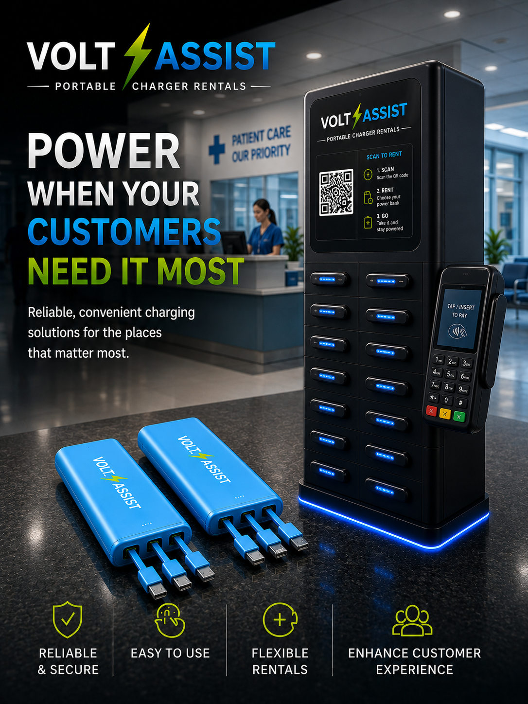 An advertisement for Volt Assist portable charger rentals showing two blue portable chargers with charging cables, a black multi-charger station with multiple slots, and a handheld payment terminal. The background depicts a hospital reception area with a nurse and a sign that reads 'Patient Care Our Priority'. The text highlights key benefits like reliability, ease of use, flexible rentals, and customer experience enhancement.