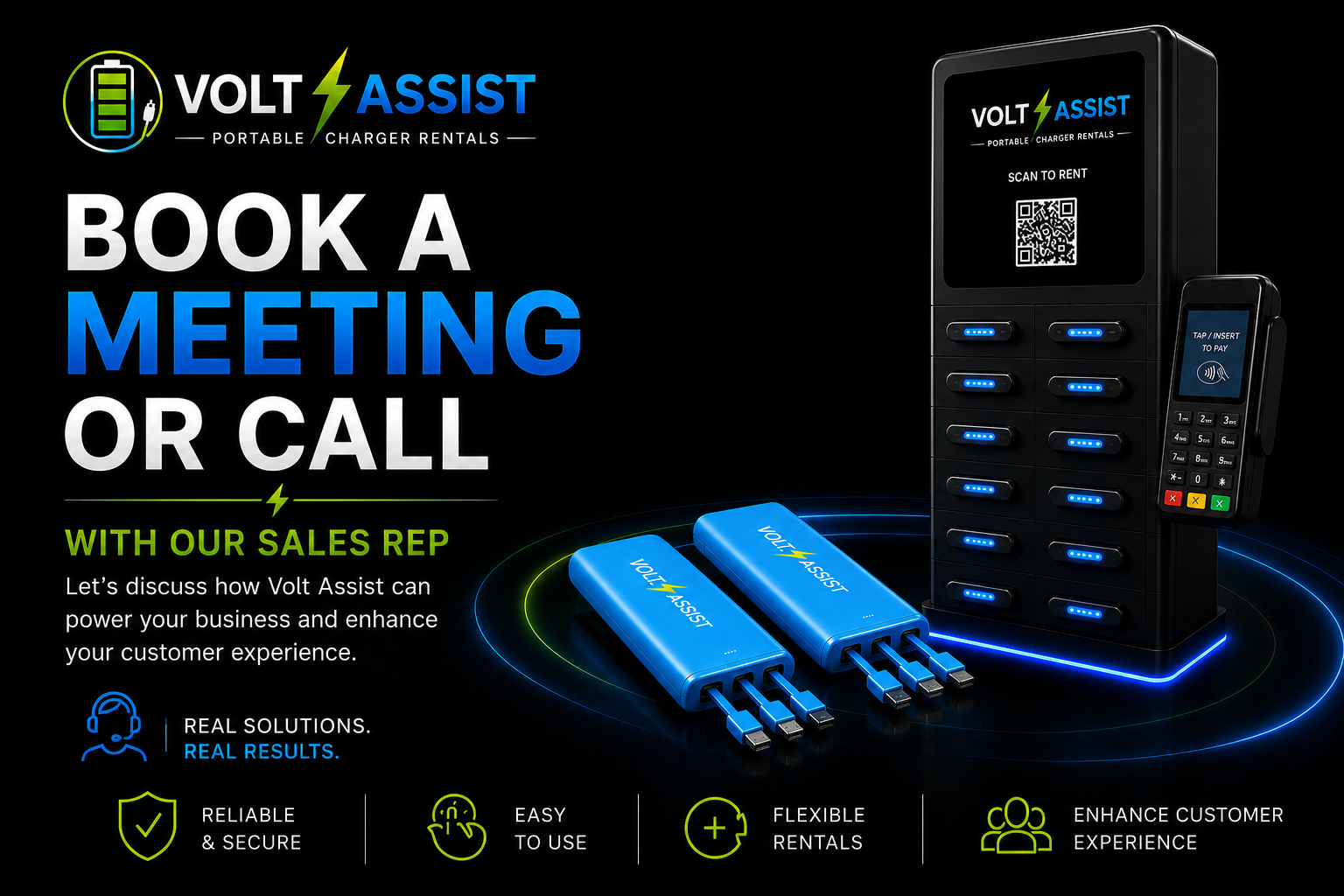 An advertisement for Volt Assist portable charger rentals showing a digital kiosk, two portable chargers, and a card reader for payments. The text promotes booking meetings or calls with a sales representative to discuss power solutions, highlighting reliability, ease of use, flexible rentals, and enhanced customer experience.