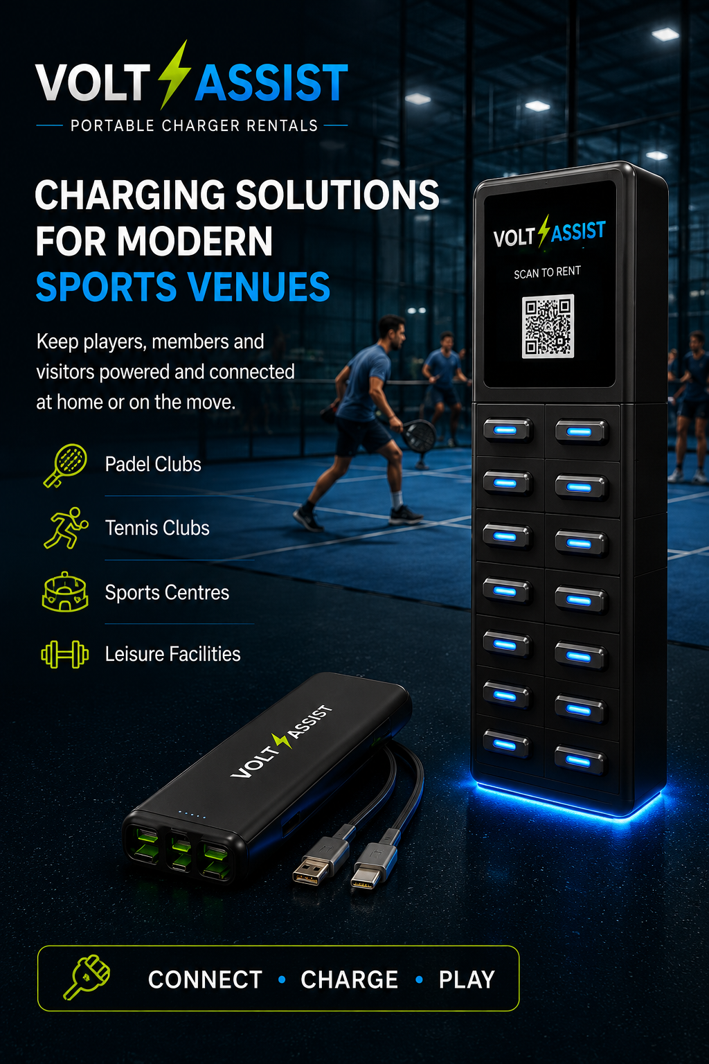 A digital poster advertising Volt Assist portable charger rentals for sports venues featuring a charging station, a portable charger, and people playing tennis inside a modern indoor sports facility.