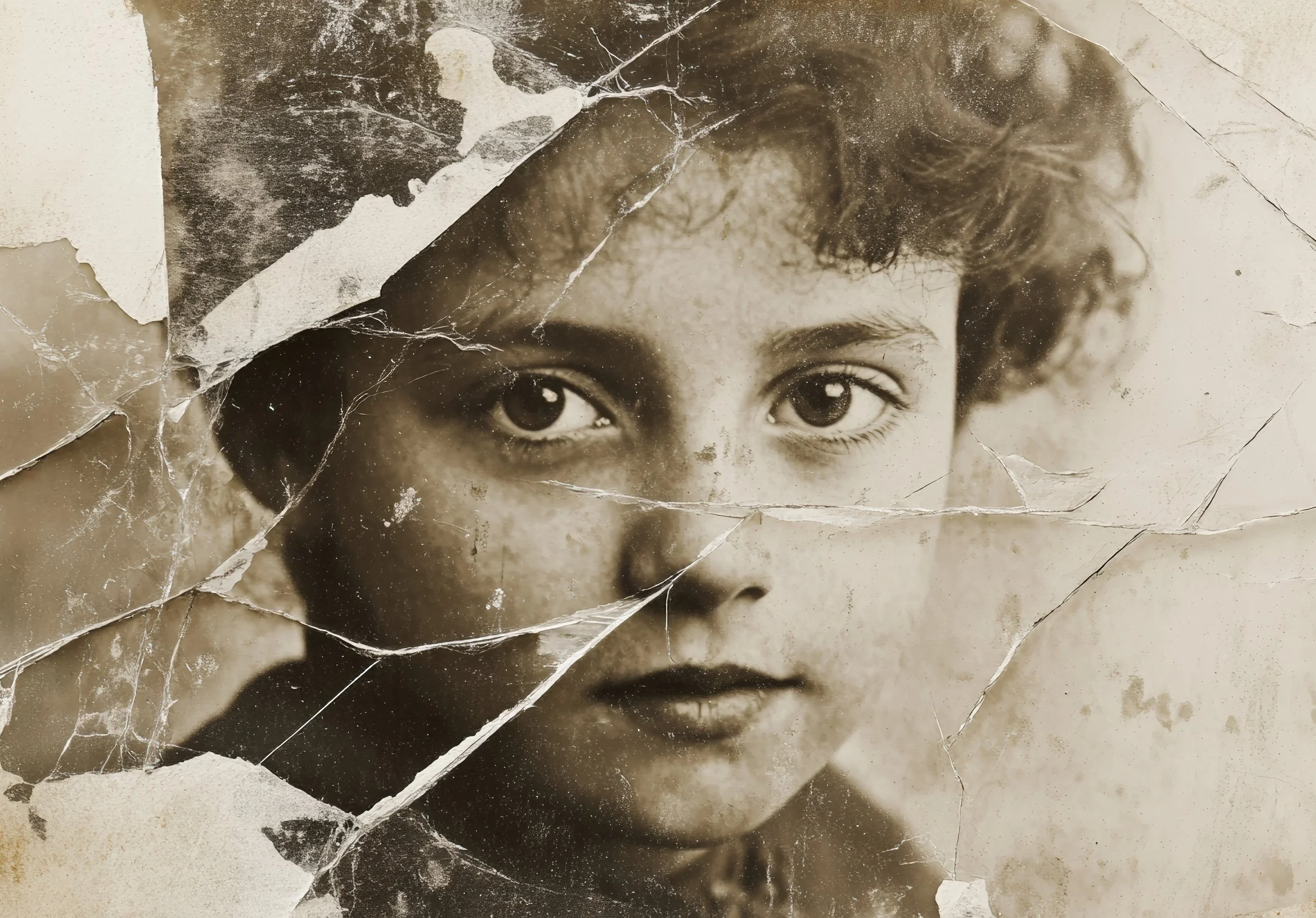 Close-up of a broken, old photograph of a young child with curly hair, with visible cracks and torn edges.