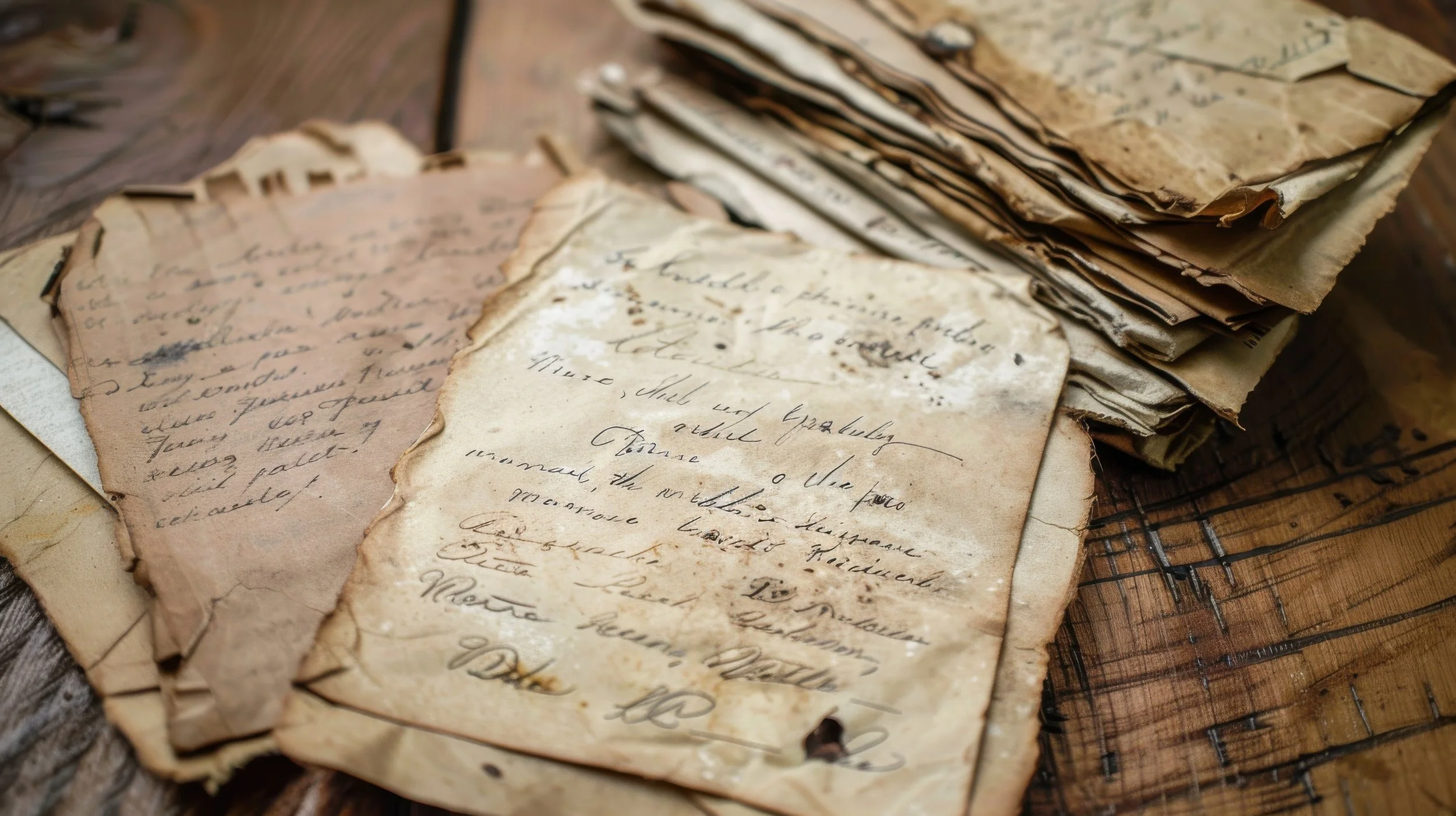 Old, weathered handwritten letters and documents, some torn or wrinkled, on a wooden surface.