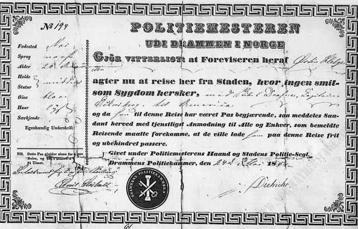 Historical Norwegian police document or permit with ornate border, official seal, and handwritten text in Norwegian.