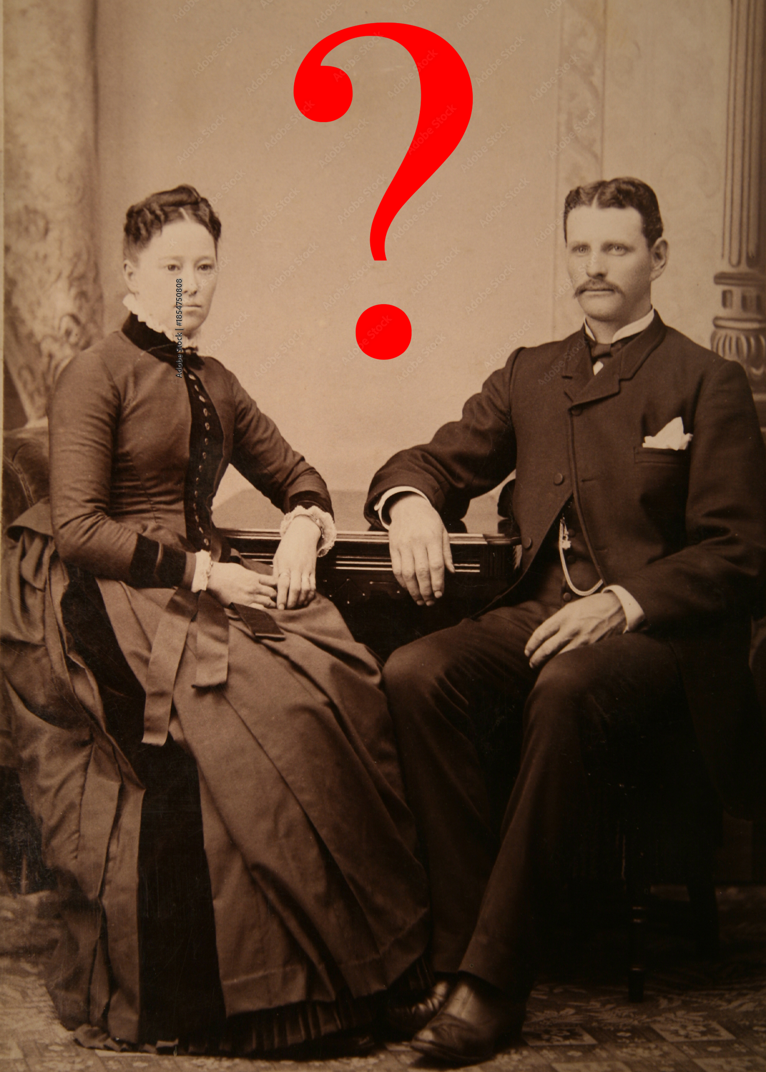 A vintage sepia-toned photograph of a man and woman dressed in 19th-century clothing, seated and facing the camera. A large red question mark overlays the image.