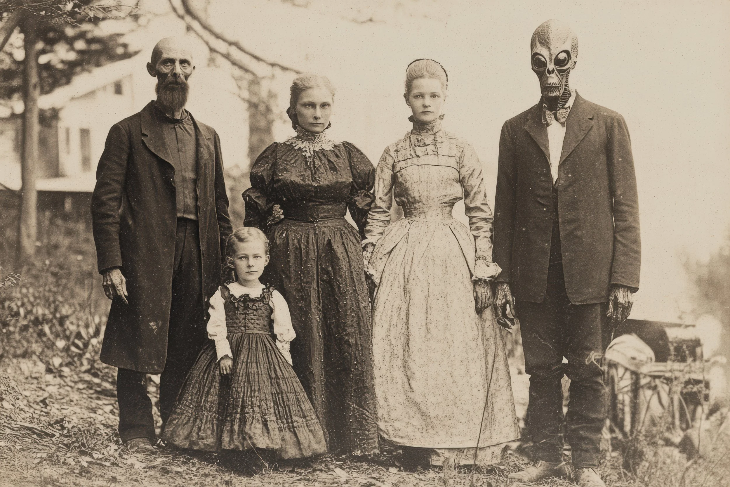 Black and white photo of four people, including two women in Victorian-era dresses, a man with a beard in a suit, and a person in an alien mask, standing outdoors in a park-like setting.