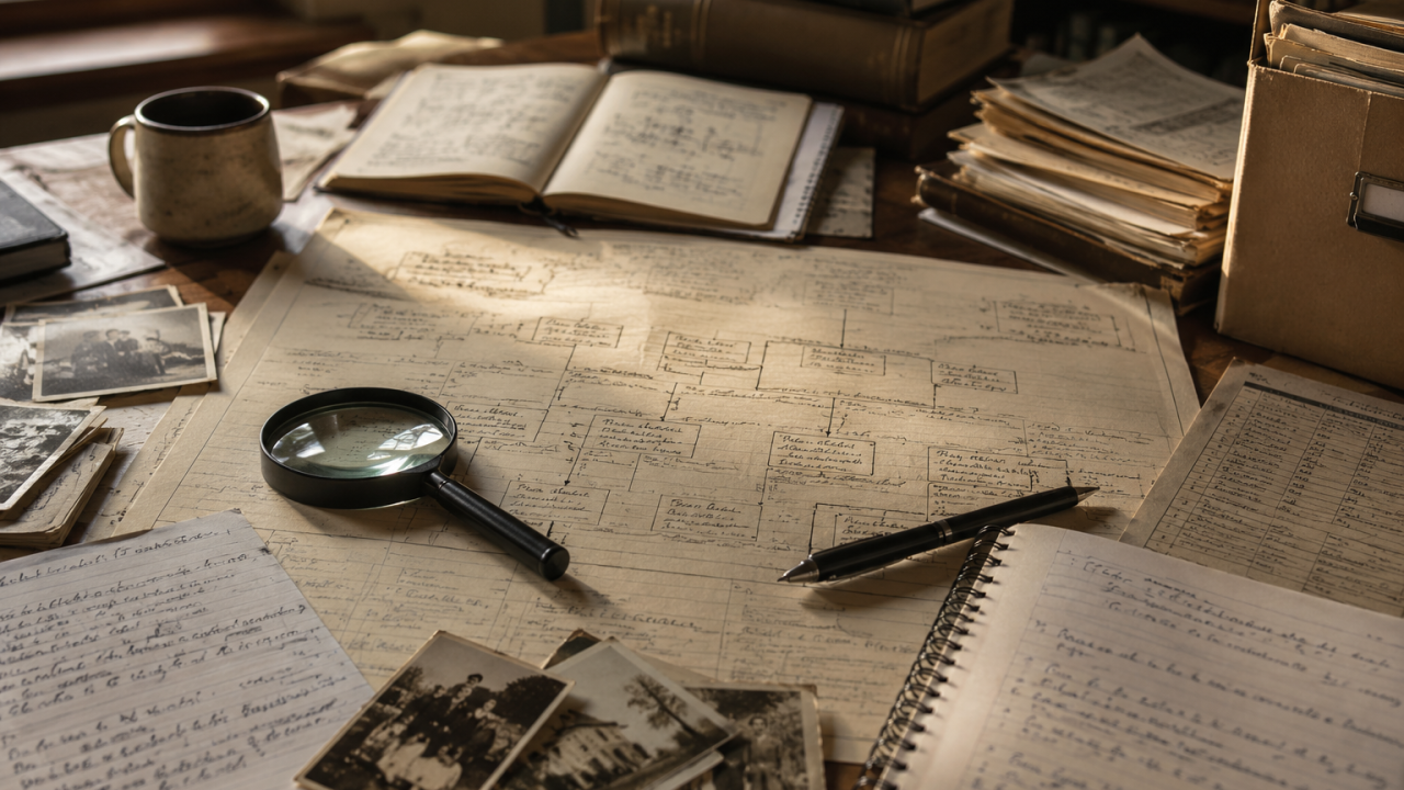 Disorganized desk with handwritten notes, photographs, a magnifying glass, a pen, an open notebook, and several boxes and stacks of papers.