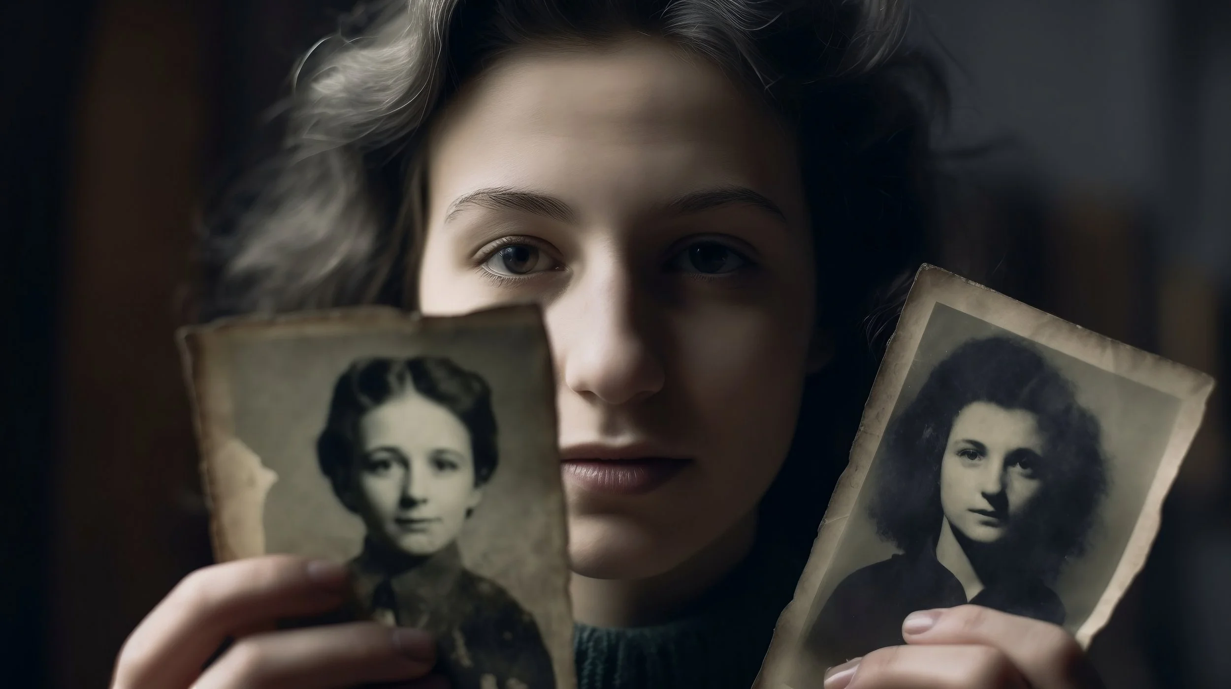 A woman with light skin, curly hair, and neutral expression holding two vintage black-and-white photographs of women, partially obscuring her face.