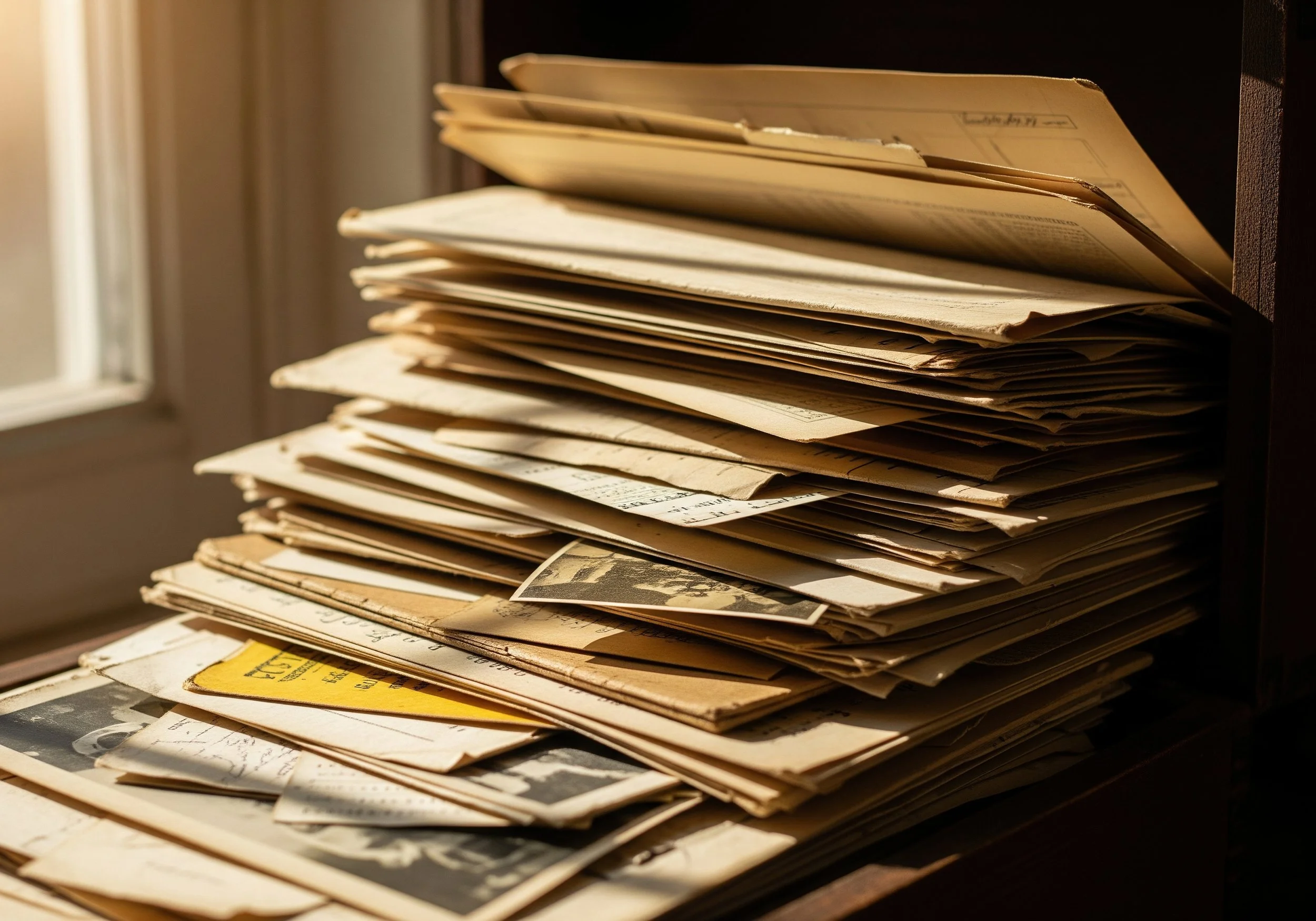 A stack of old, yellowed paper documents and photographs placed on a surface near a window, with some papers slightly curled and overlapping.