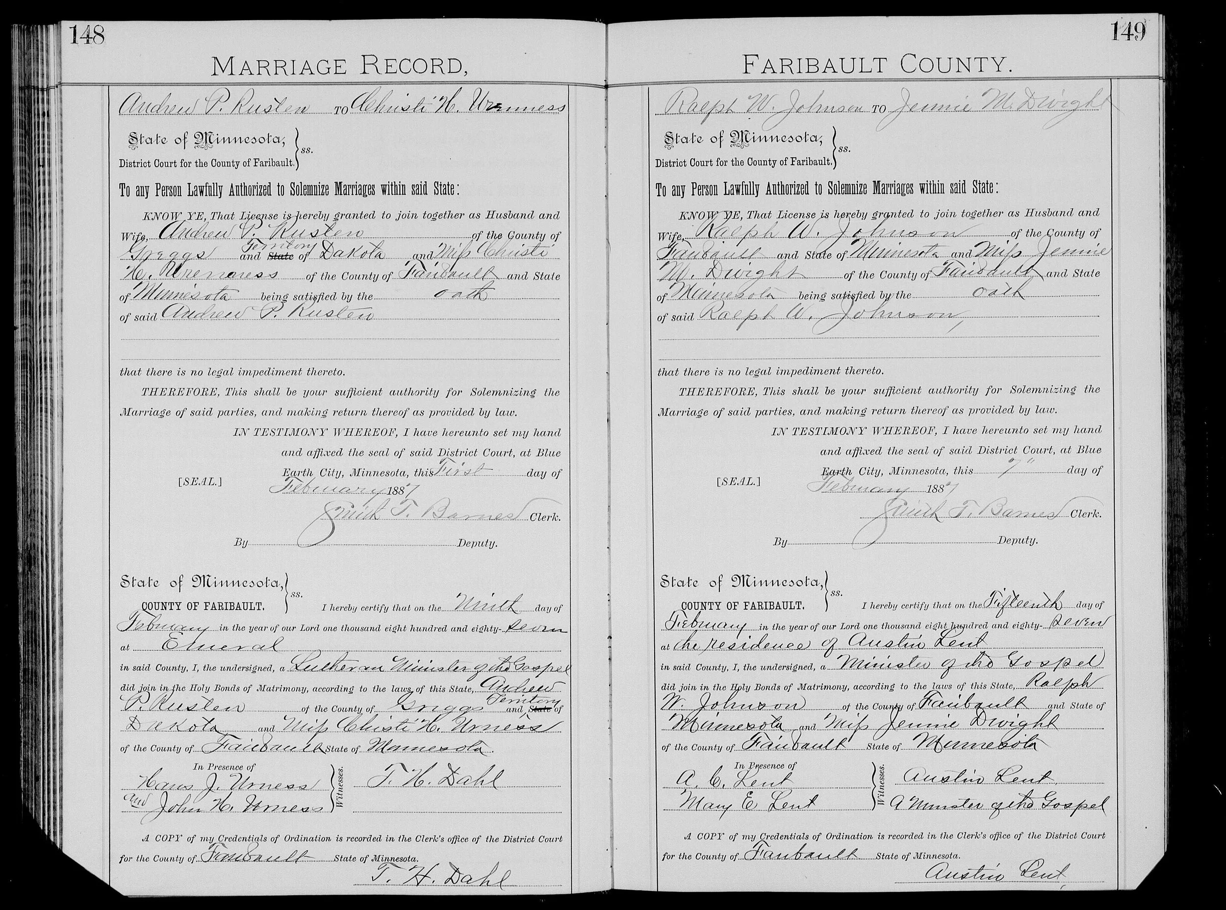 Black and white scanned image of a marriage record from Faribault County, Minnesota, showing handwritten entries for marriage licenses, including names of the bride and groom, dates, and signatures of officials.