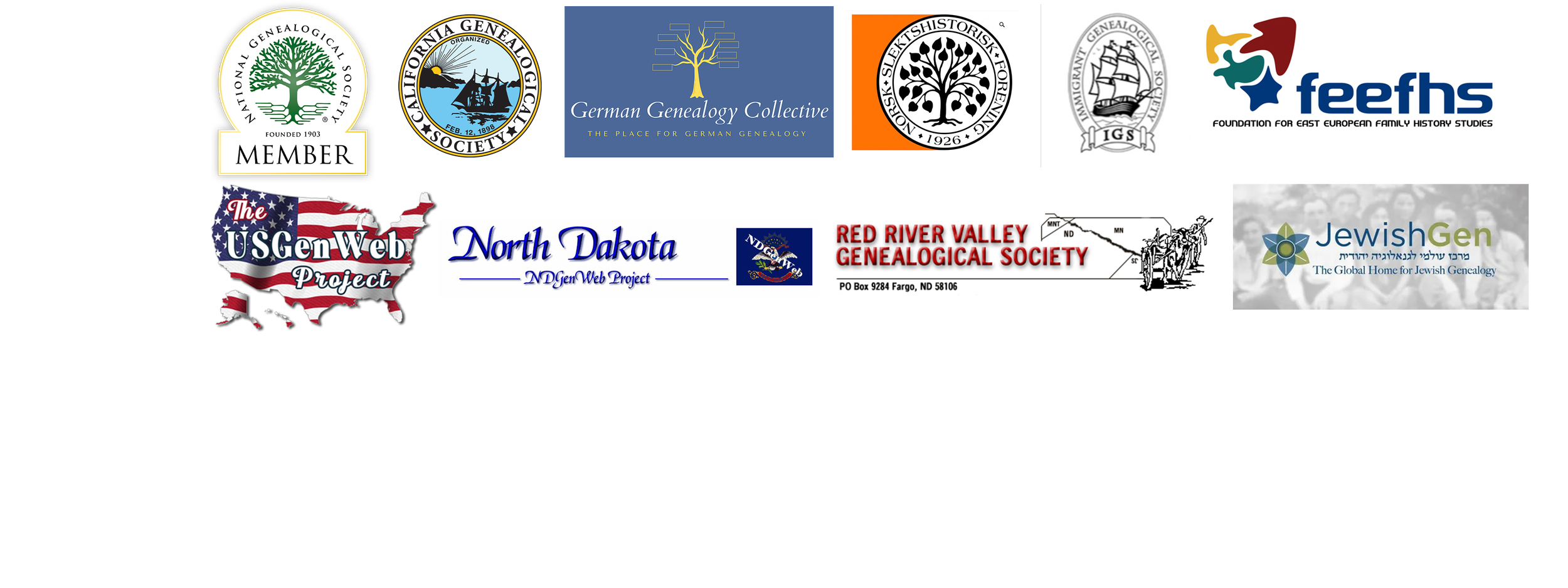 A collection of genealogical organization logos, including the National Genealogical Society, California Genealogical Society, German Genealogy Collective, Norwegian Genealogical Society, Foundation for East European Family History Studies, USGenWeb Project, North Dakota GenWeb Project, Red River Valley Genealogical Society, JewishGen, and others.