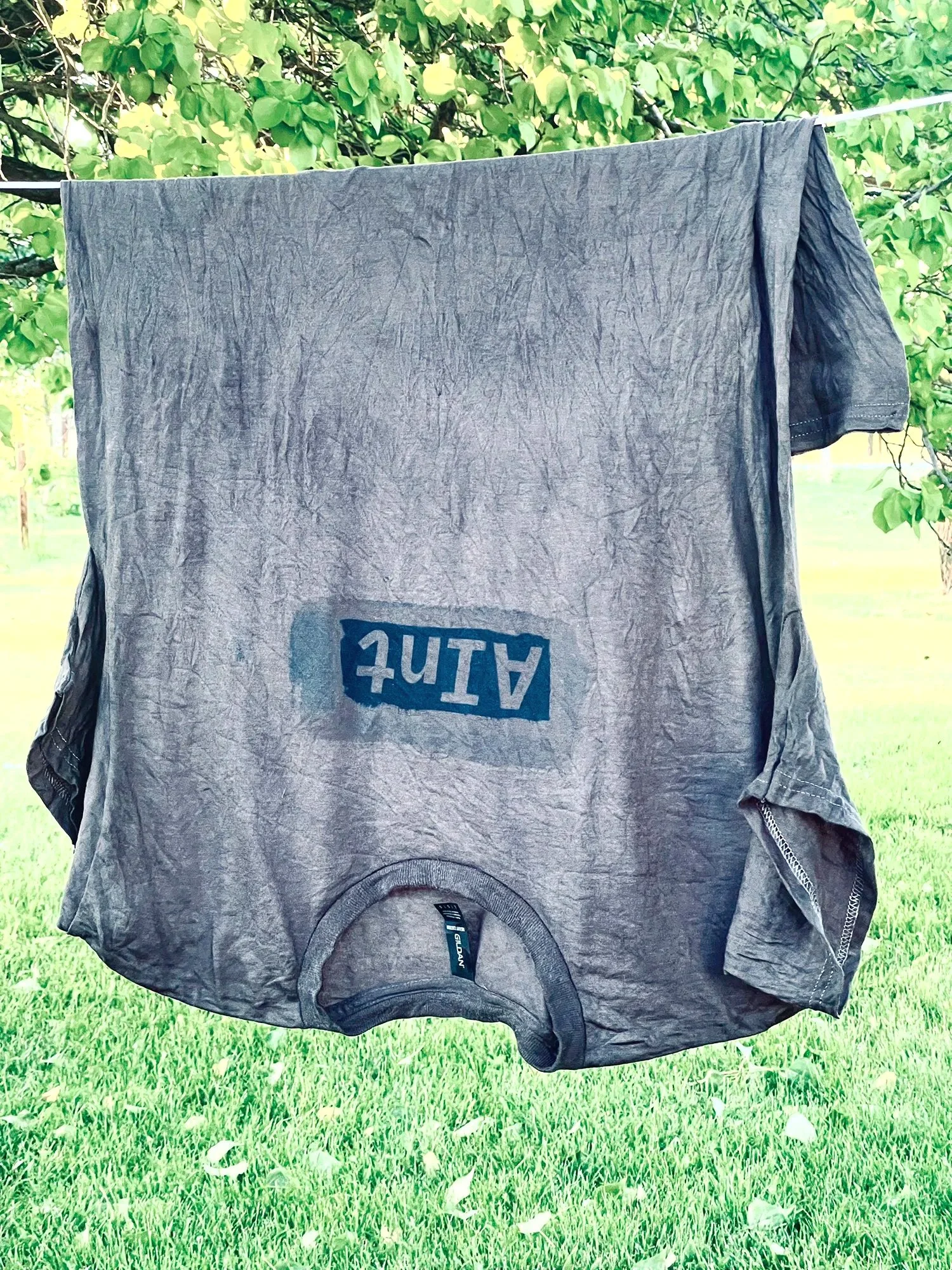The original AInt logo cyanotyped onto a gray Gildan 5000 t-shirt, captured wet on an iPhone while hanging upside down on a clothesline.⁠