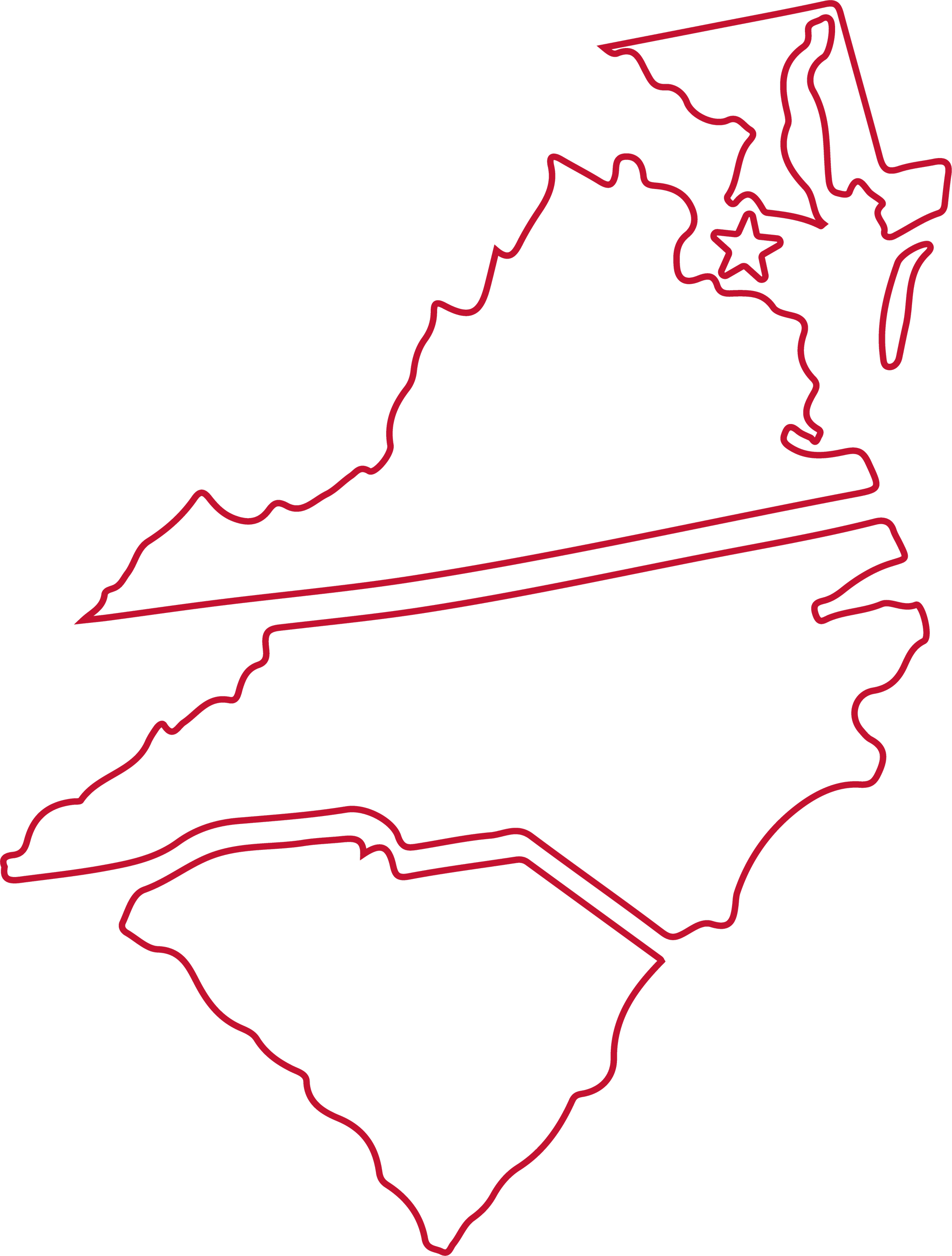 Outline map of New Hampshire with county borders highlighted in red on a black background.