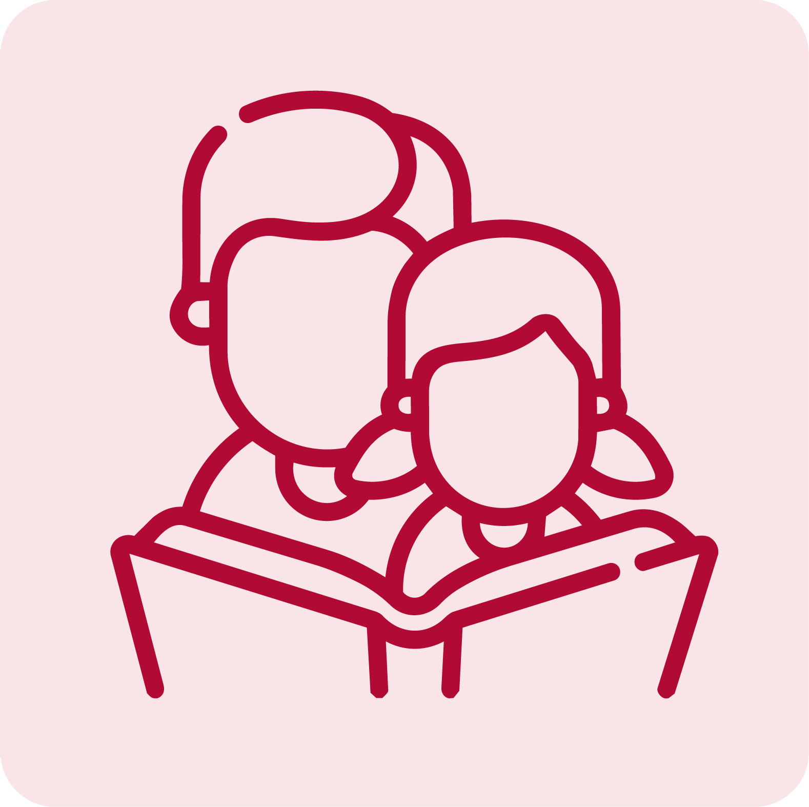 Line art illustration of a person sitting at a table reading a book with a beverage, depicted with simple outlines and a pink background.