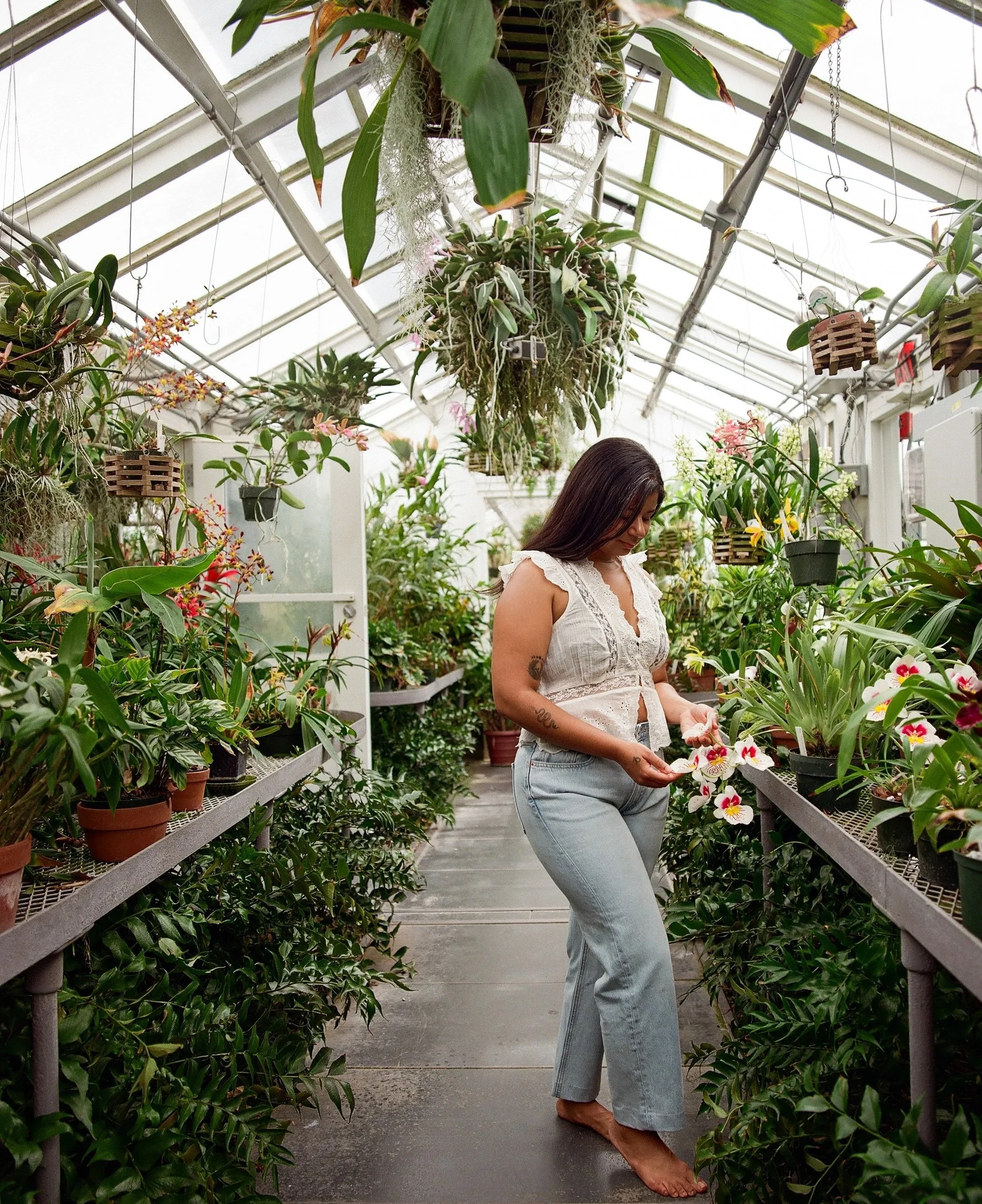 A woman in a white top and faded jeans is barefoot, standing in an orchid greenhouse aisle, surrounded by various potted plants and orchids on shelves. Her dark hair is down, and she is looking at the orchids.