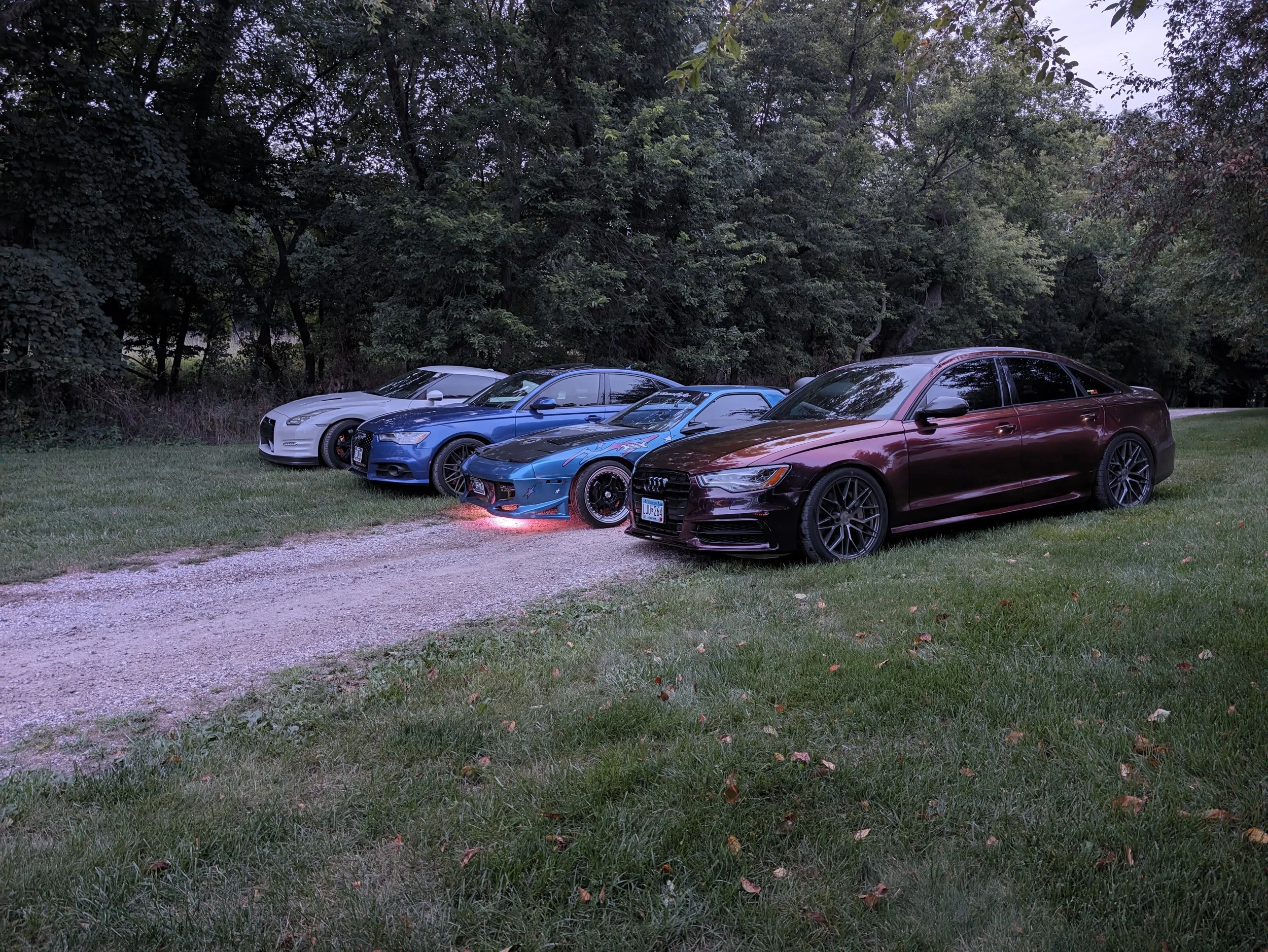 Five cars parked on a grassy area near a dense cluster of trees during dusk.