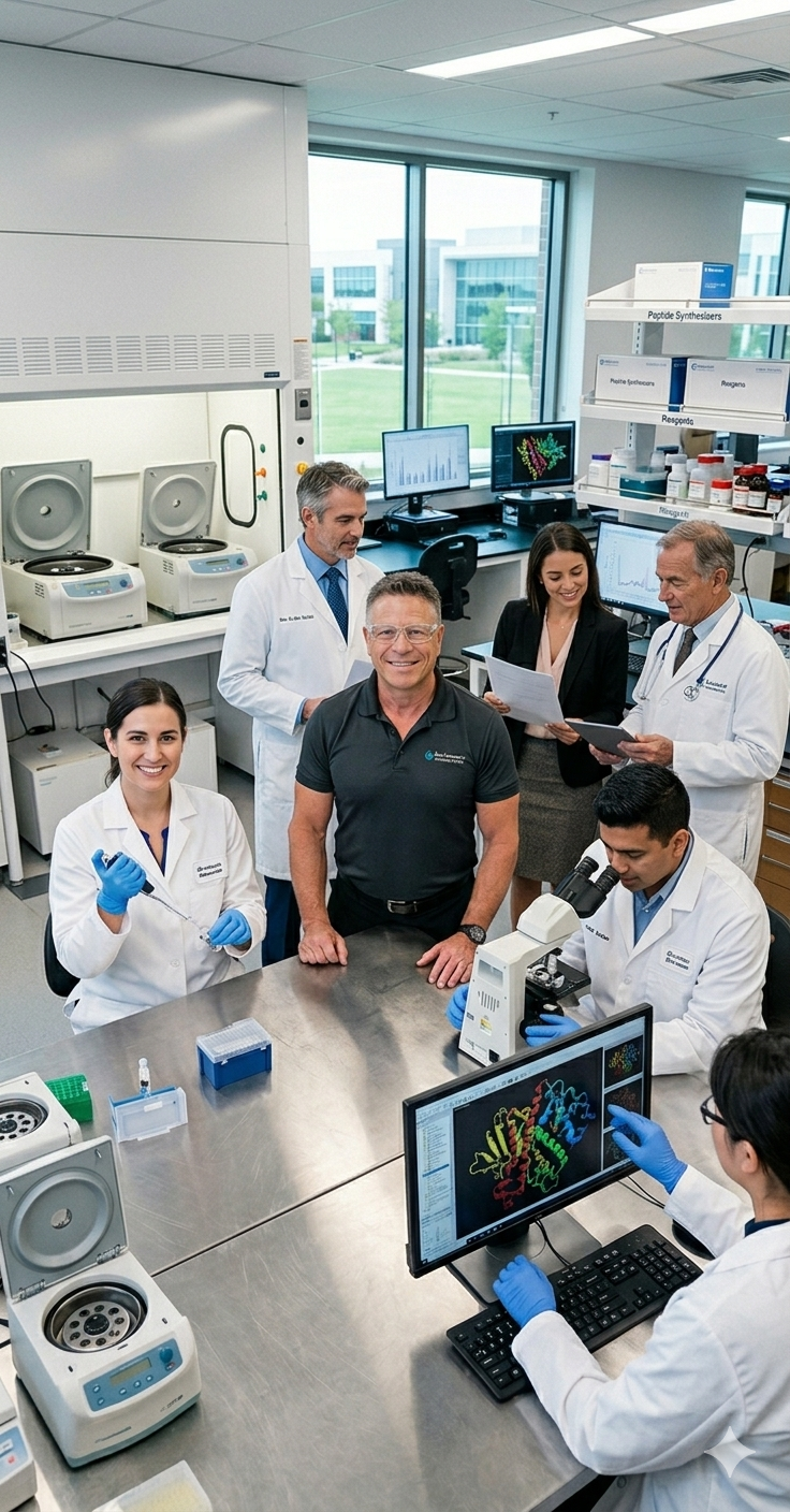 Group of scientists and researchers working in a modern laboratory, examining samples and discussing data, with laboratory equipment and DNA models visible.