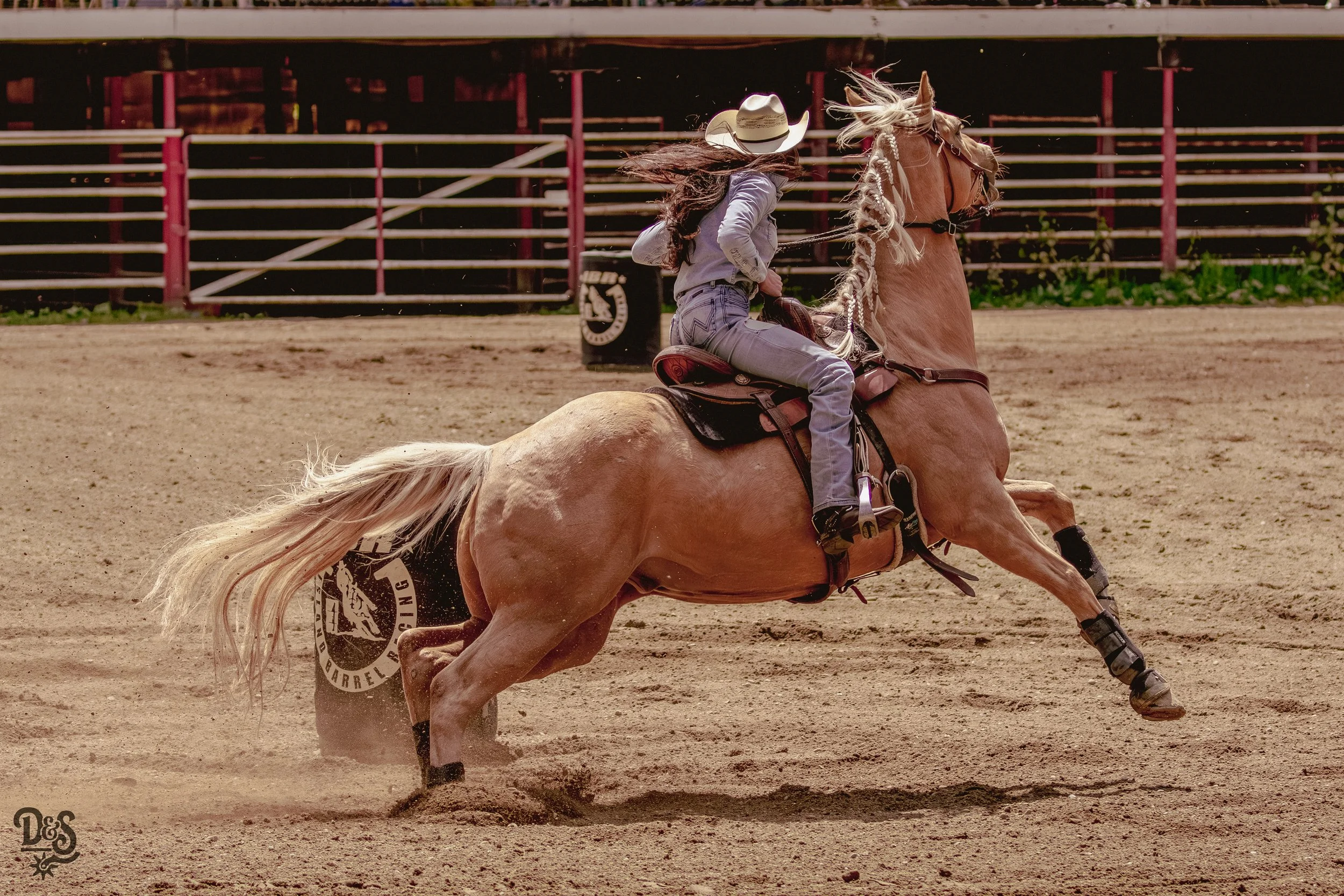 A woman riding a horse at a rodeo, wearing a cowboy hat and jeans, with a pink and white fence in the background.