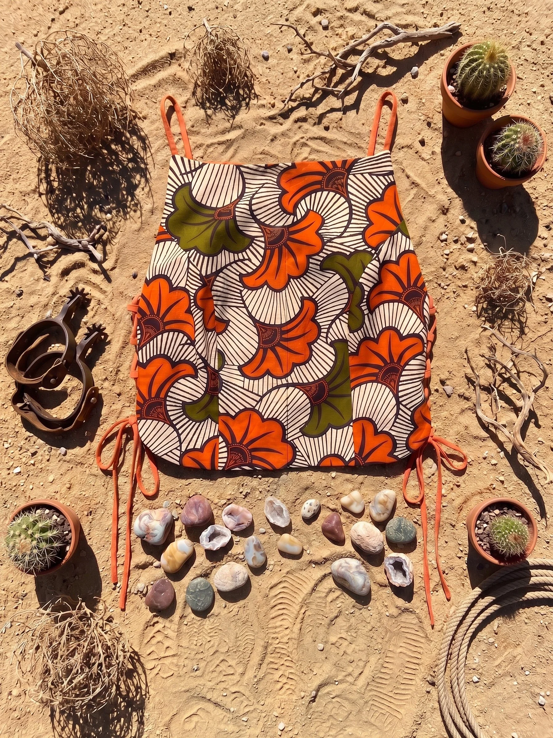 A colorful patterned towel is laid on sandy ground, surrounded by potted cacti, shells, and dried branches, with shoes and a rope nearby.