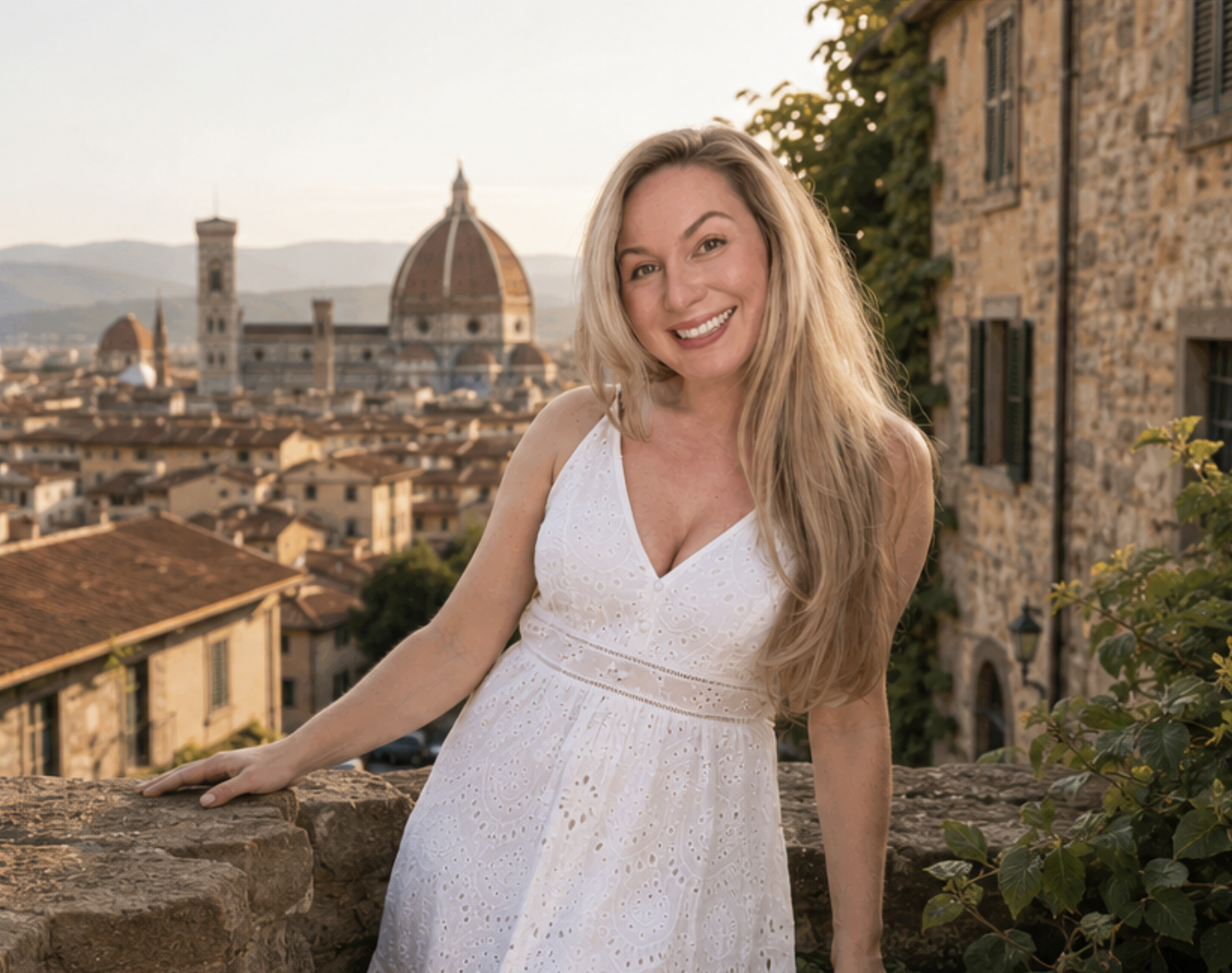 A smiling woman in a white dress leaning on a stone ledge with a scenic European cityscape including a cathedral in the background.