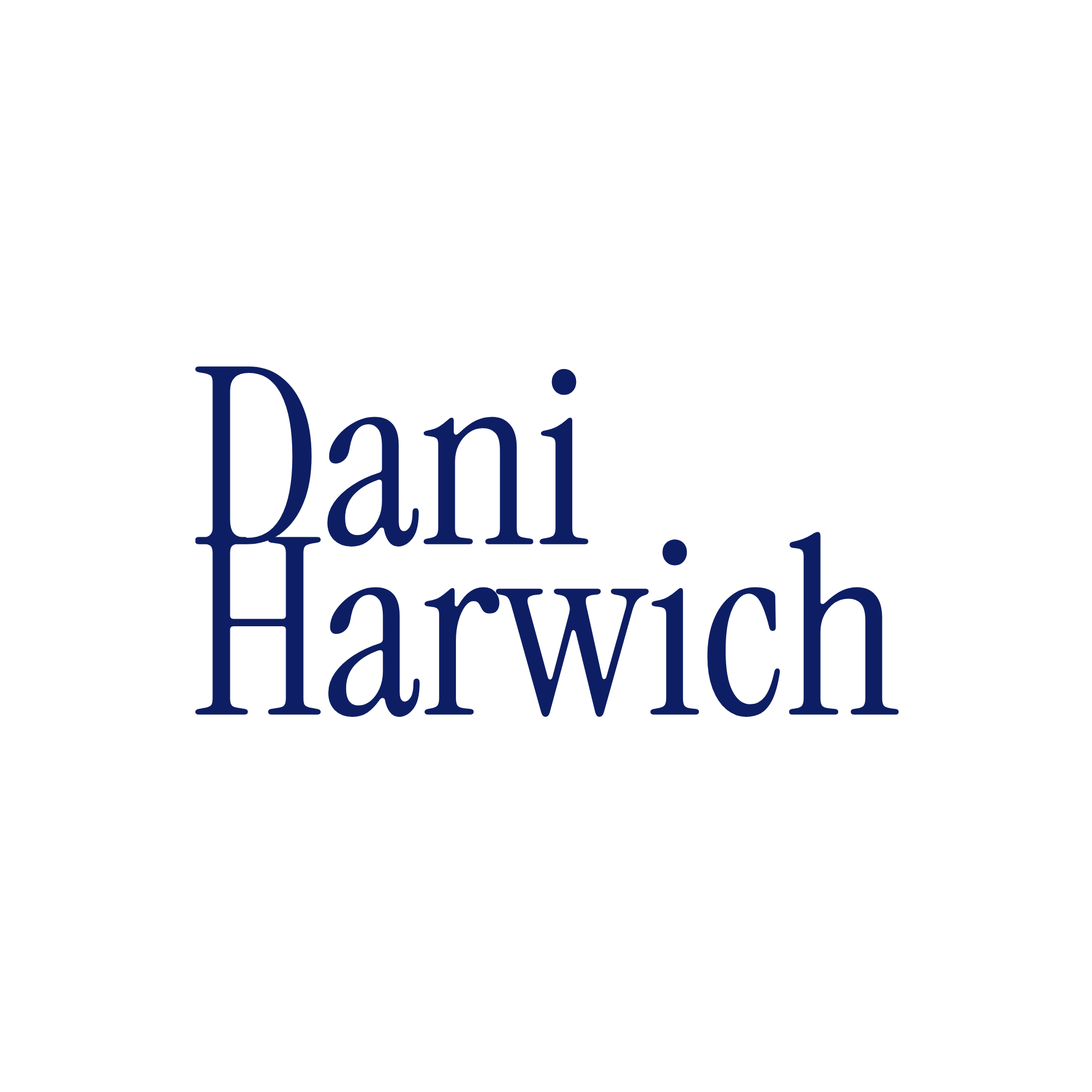 Dani Harwich in dark blue text
